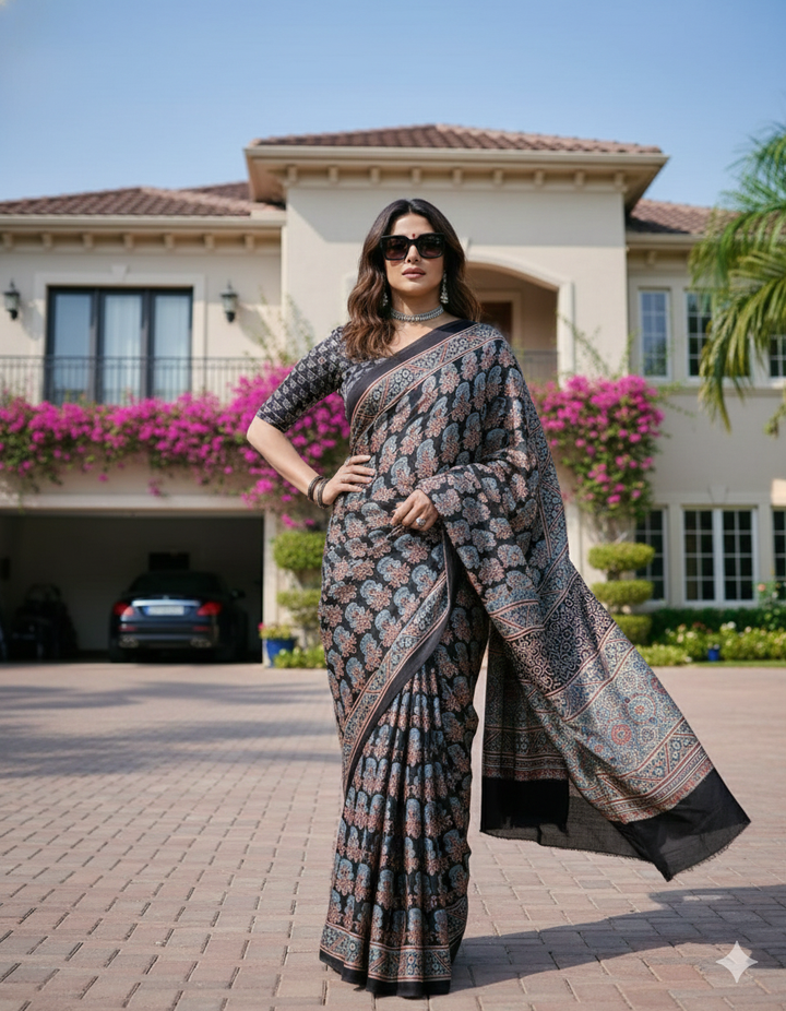 Premium Black Ajrakh Print Soft Silk Saree with Designer Border & Pallu