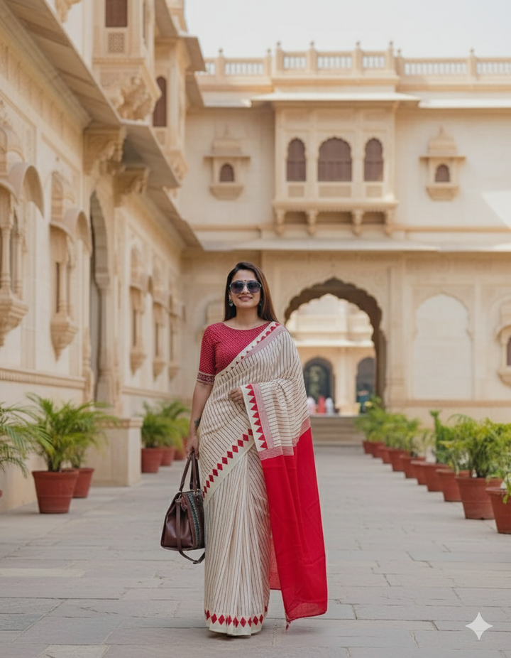 Crimson Elegance Geometric Saree