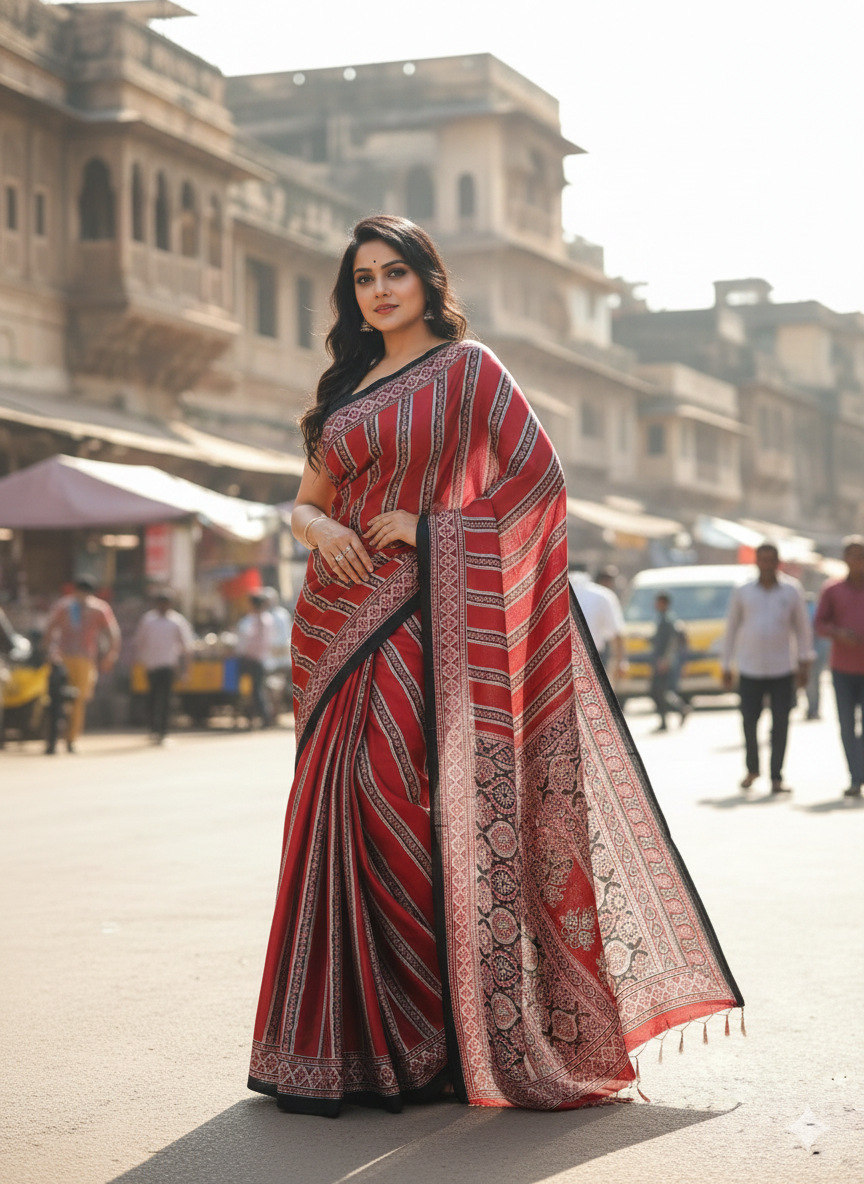 Red Ajrakh Digital Printed Saree – Traditional Ethnic Wear by Vastras
