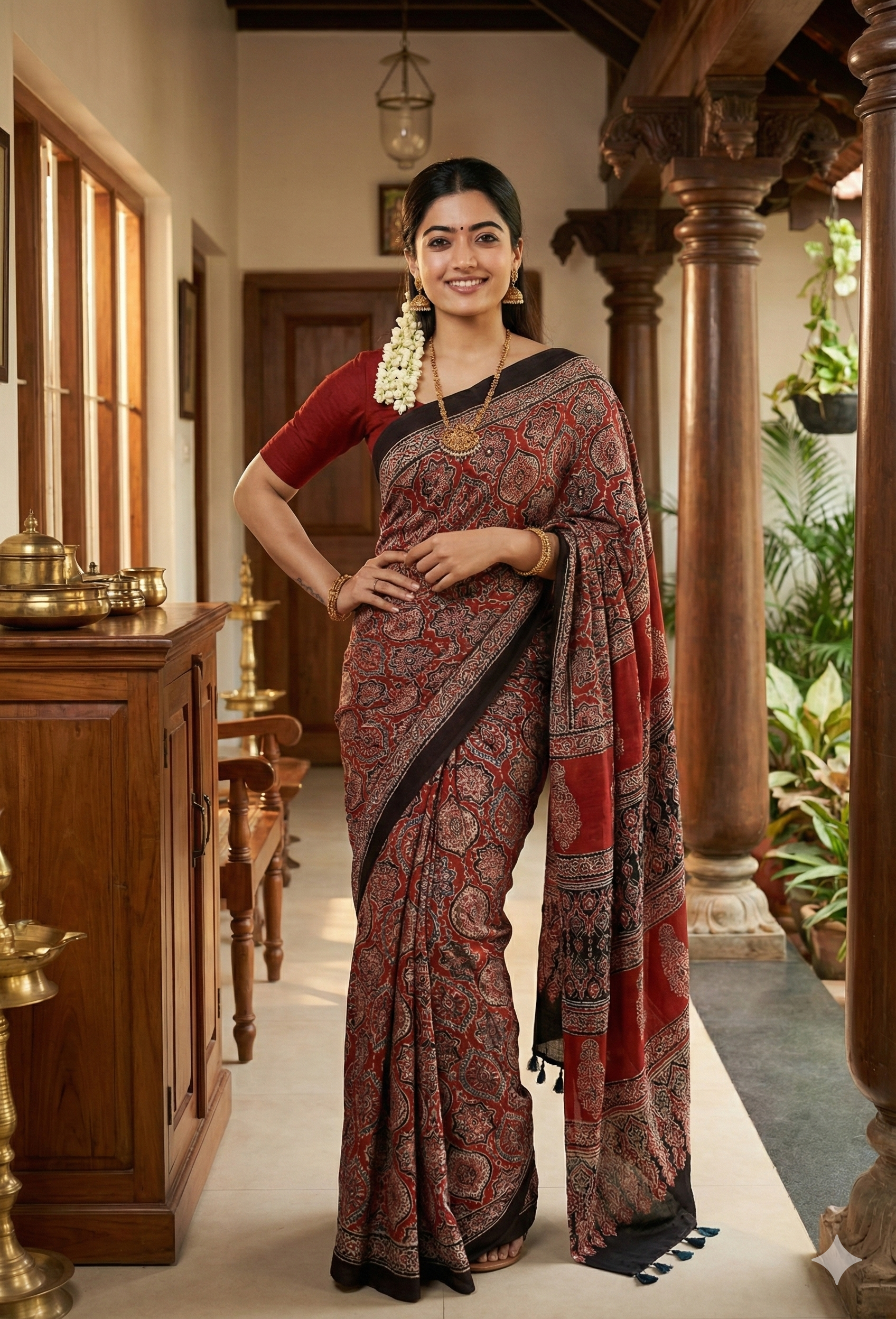 Rust Red Ajrakh Print Soft Silk Saree – Elegant Ethnic Wear for Festive & Daily Styling