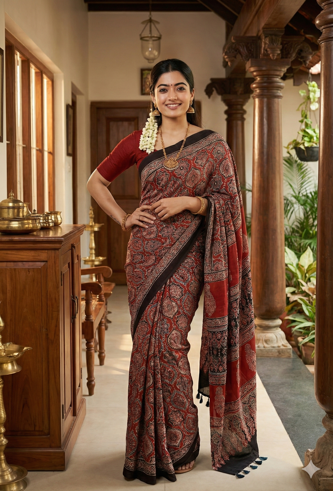 Rust Red Ajrakh Print Soft Silk Saree – Elegant Ethnic Wear for Festive & Daily Styling