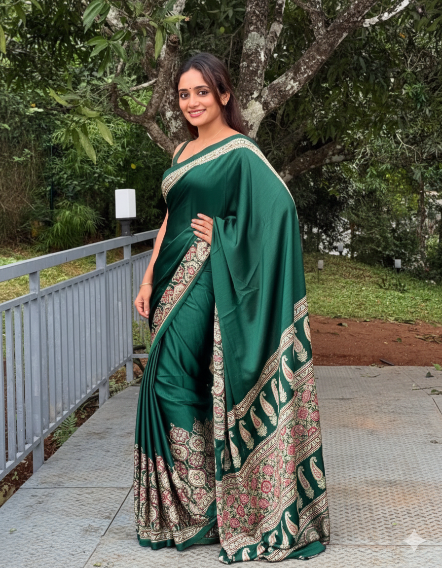 Green Ajrakh Digital Print Saree – Elegant Soft Silk Designer Wear