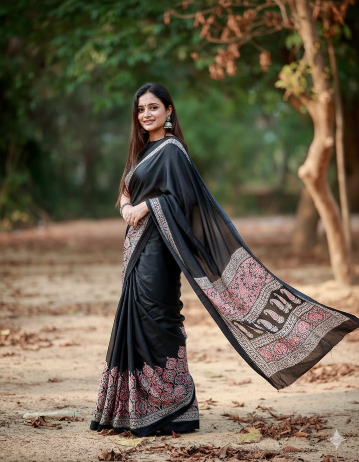 Black Ajrakh Digital Print Saree – Elegant Traditional Designer Wear