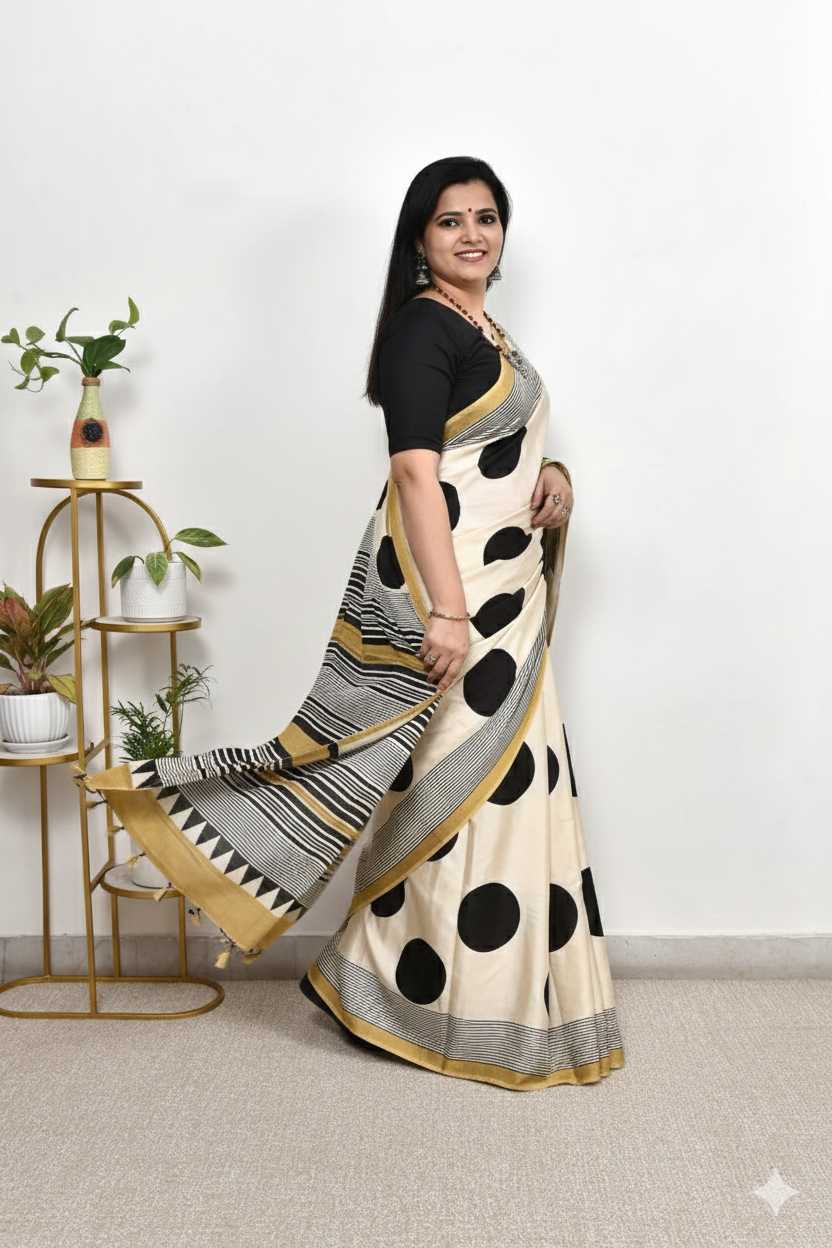 Elegant Cream Saree with Black Polka Dots & Golden Designer Border