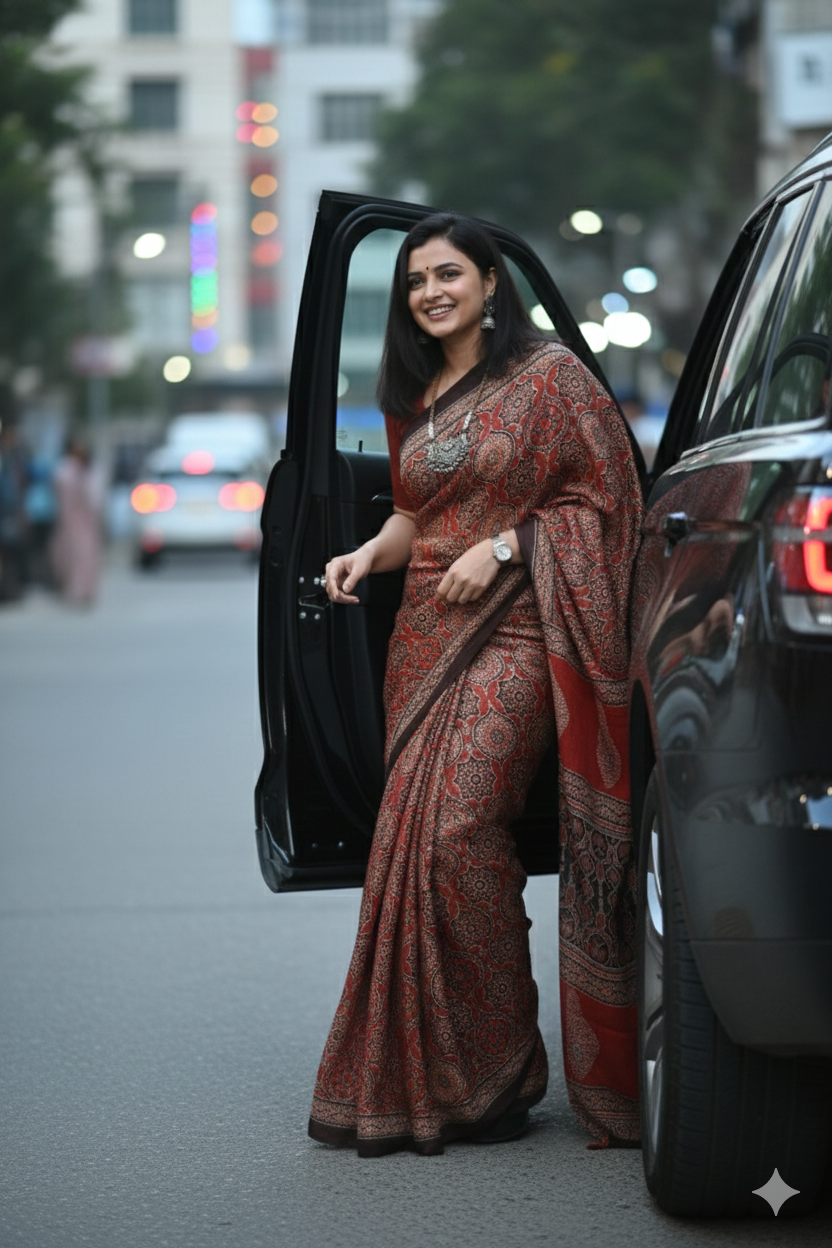 Rust Red Ajrakh Print Soft Silk Saree – Elegant Ethnic Wear for Festive & Daily Styling