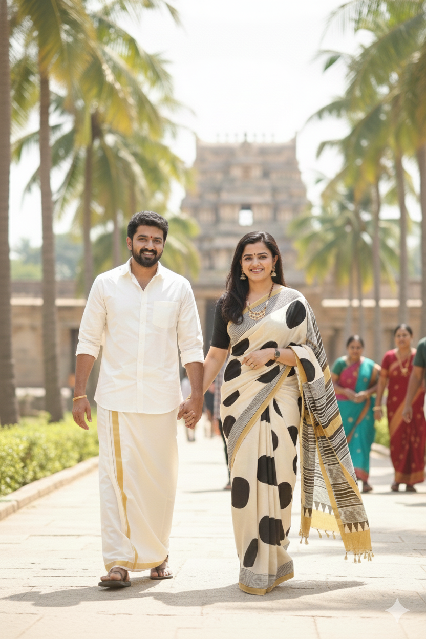 Elegant Cream Saree with Black Polka Dots & Golden Designer Border