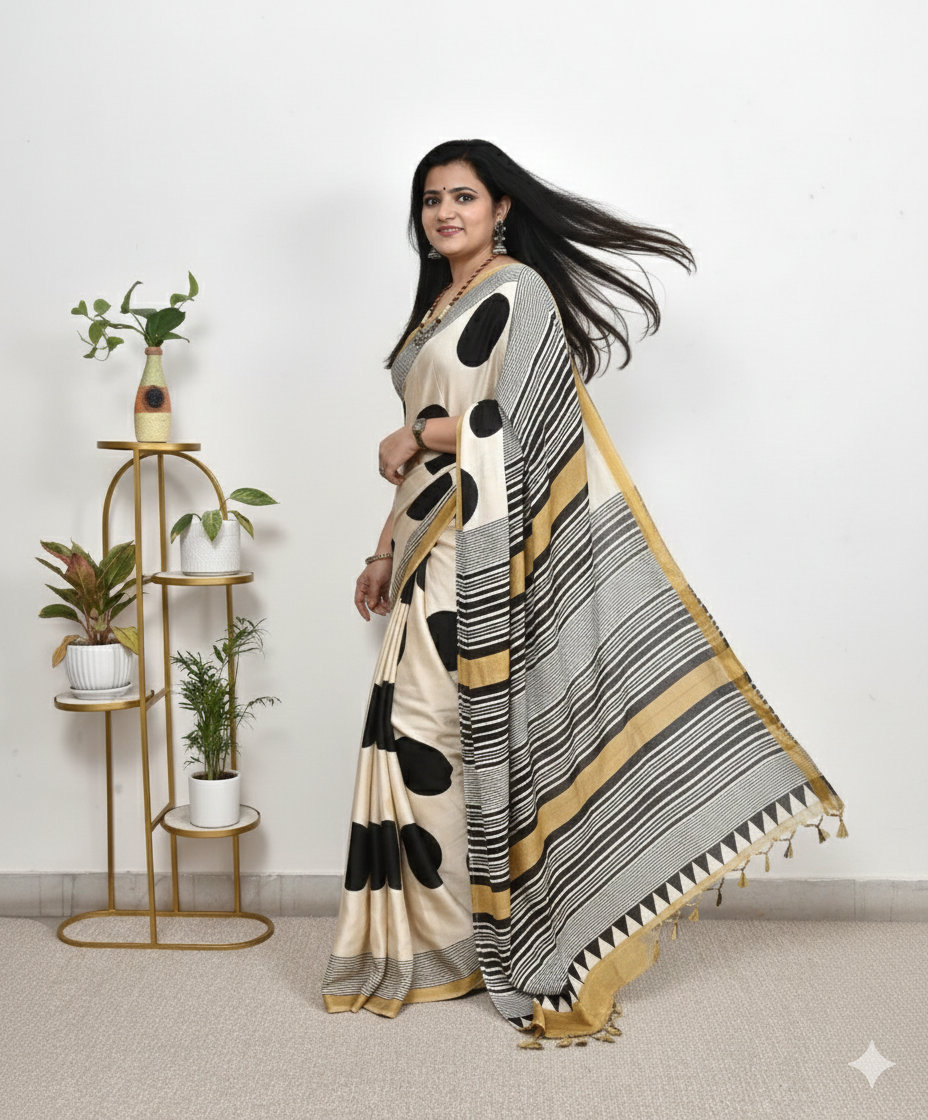 Elegant Cream Saree with Black Polka Dots & Golden Designer Border