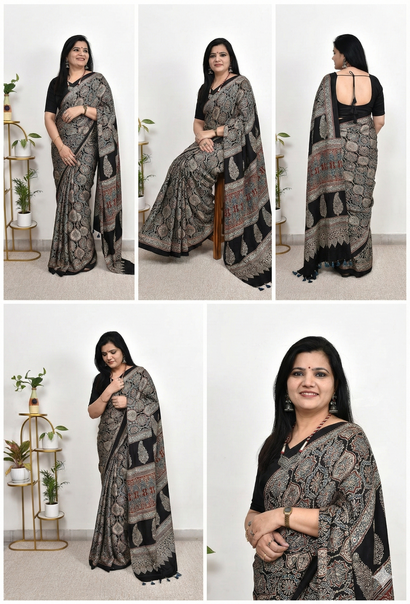 Premium Black Soft Silk Saree with Ajrakh Motifs & Designer Border