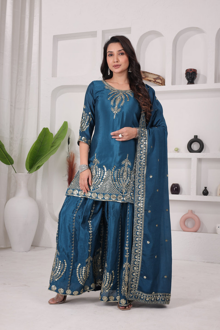 Chinon Silk Kurti Sharara Set with Embroidered Dupatta – Ethnic Party & Festive Wear