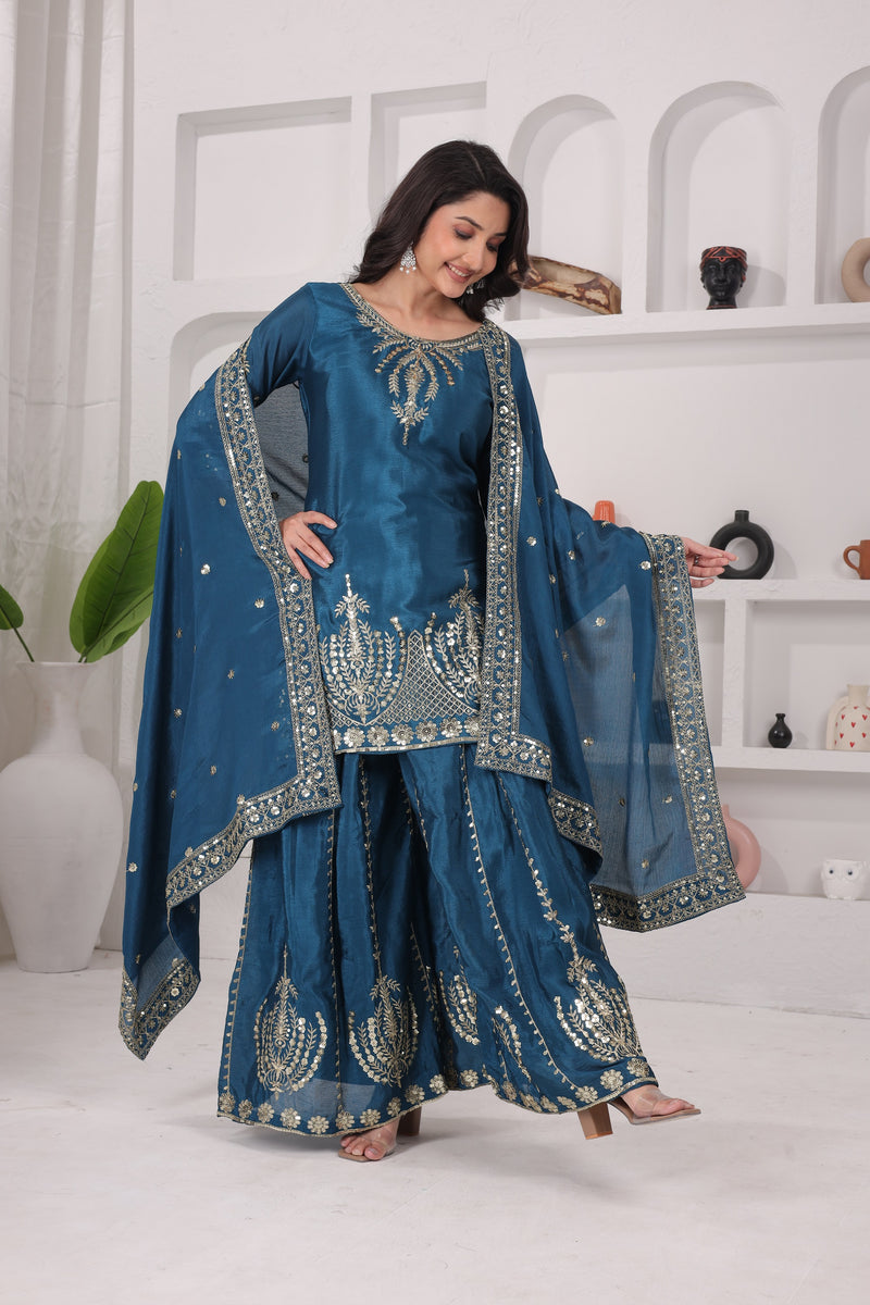 Chinon Silk Kurti Sharara Set with Embroidered Dupatta – Ethnic Party & Festive Wear