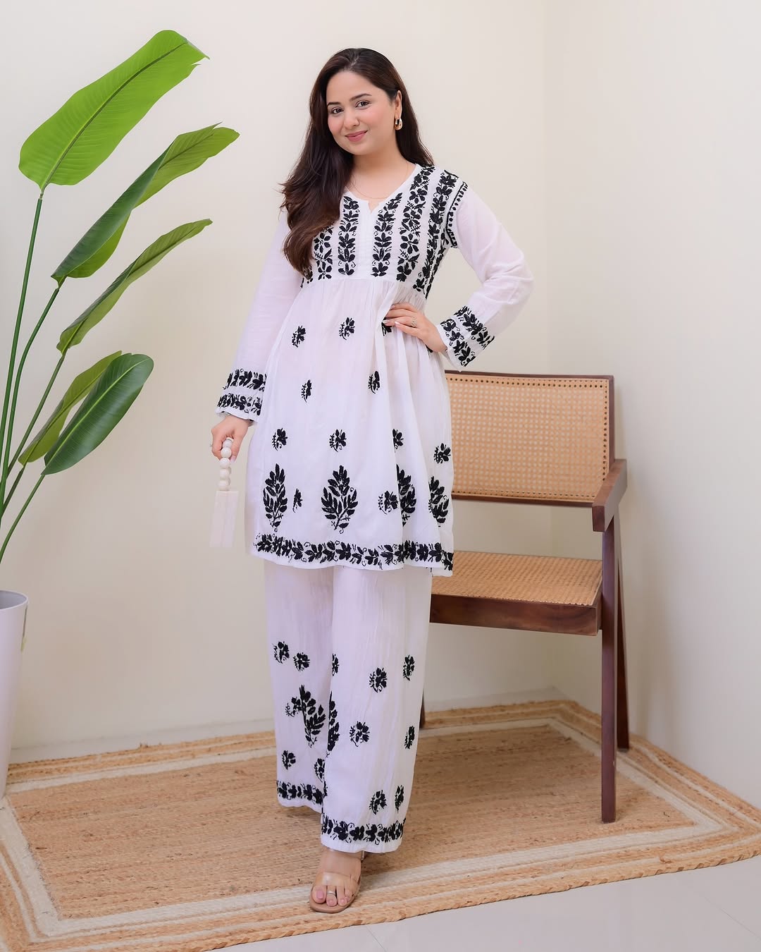 Premium White Cotton Kurti Set with Black Thread Embroidery