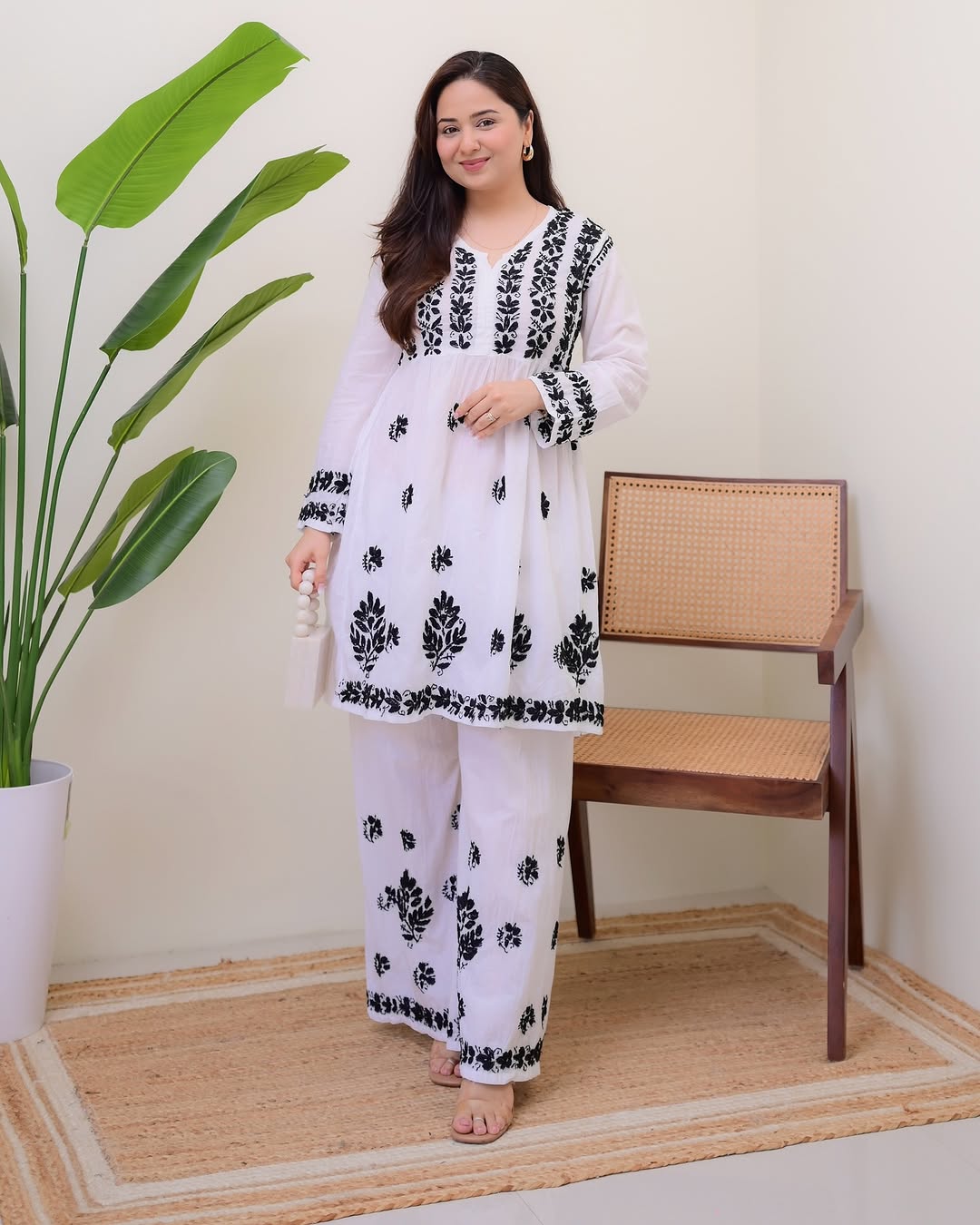 Premium White Cotton Kurti Set with Black Thread Embroidery