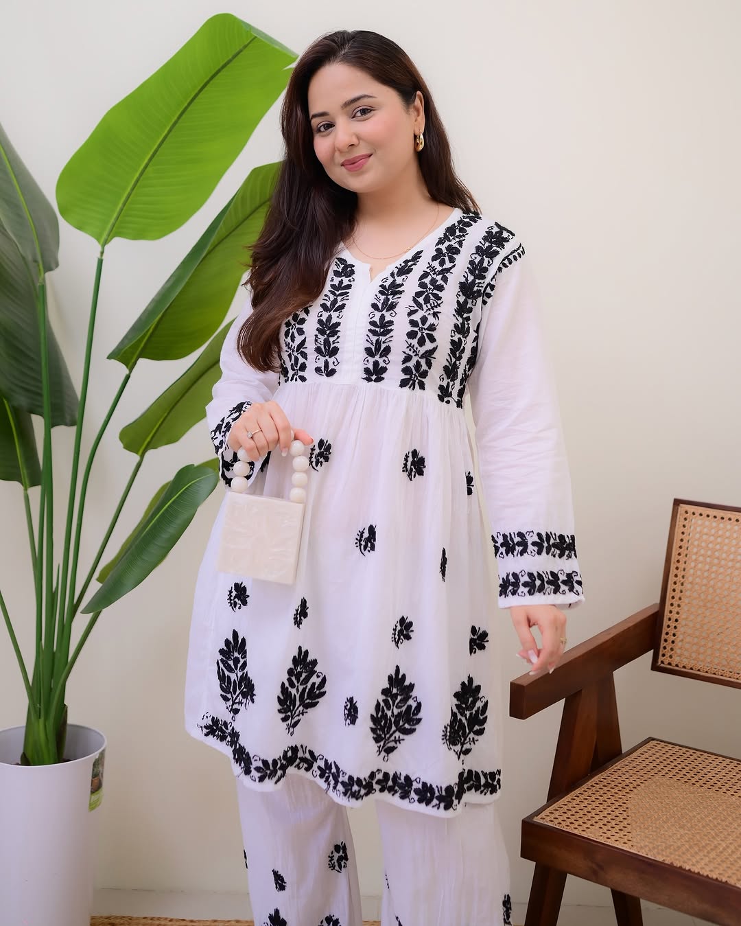 Premium White Cotton Kurti Set with Black Thread Embroidery