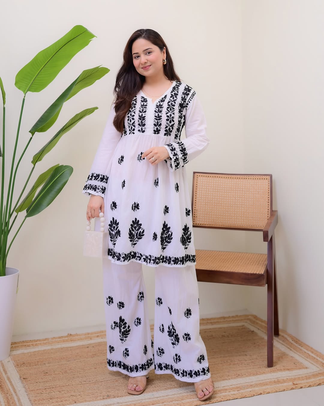 Premium White Cotton Kurti Set with Black Thread Embroidery