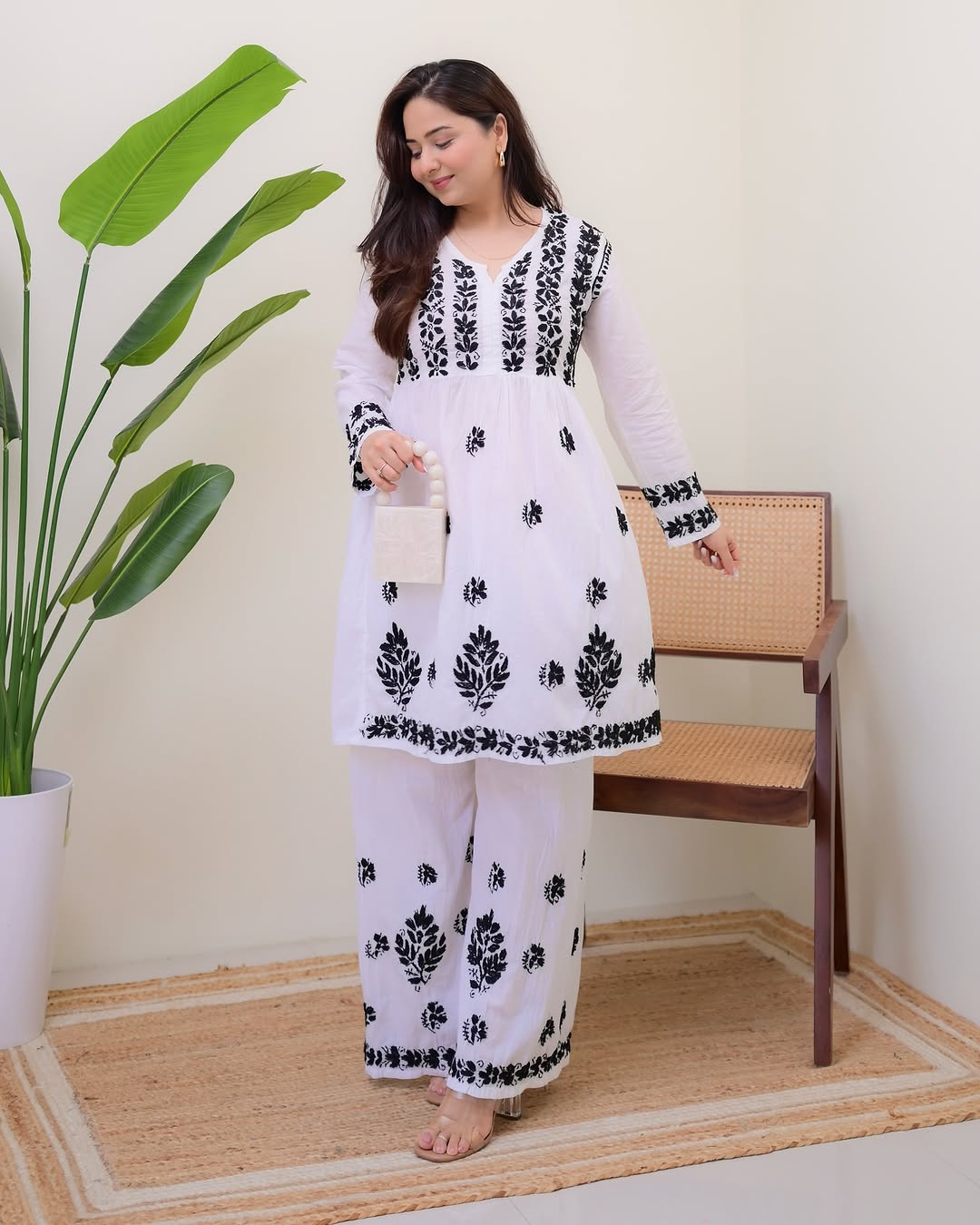 Premium White Cotton Kurti Set with Black Thread Embroidery