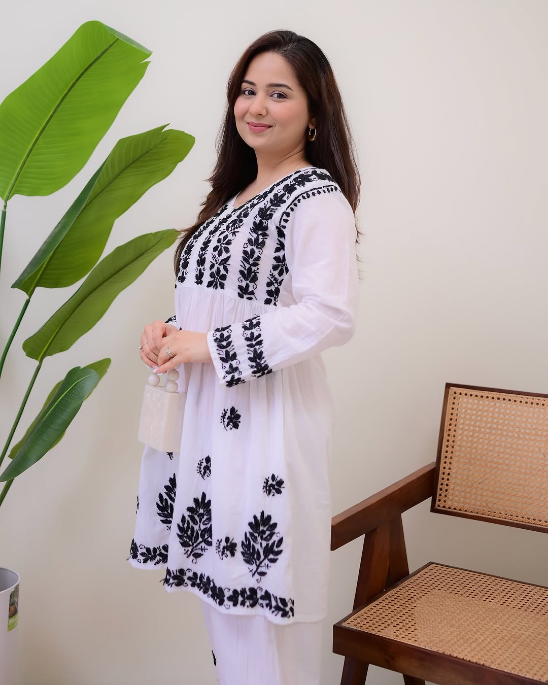 Premium White Cotton Kurti Set with Black Thread Embroidery