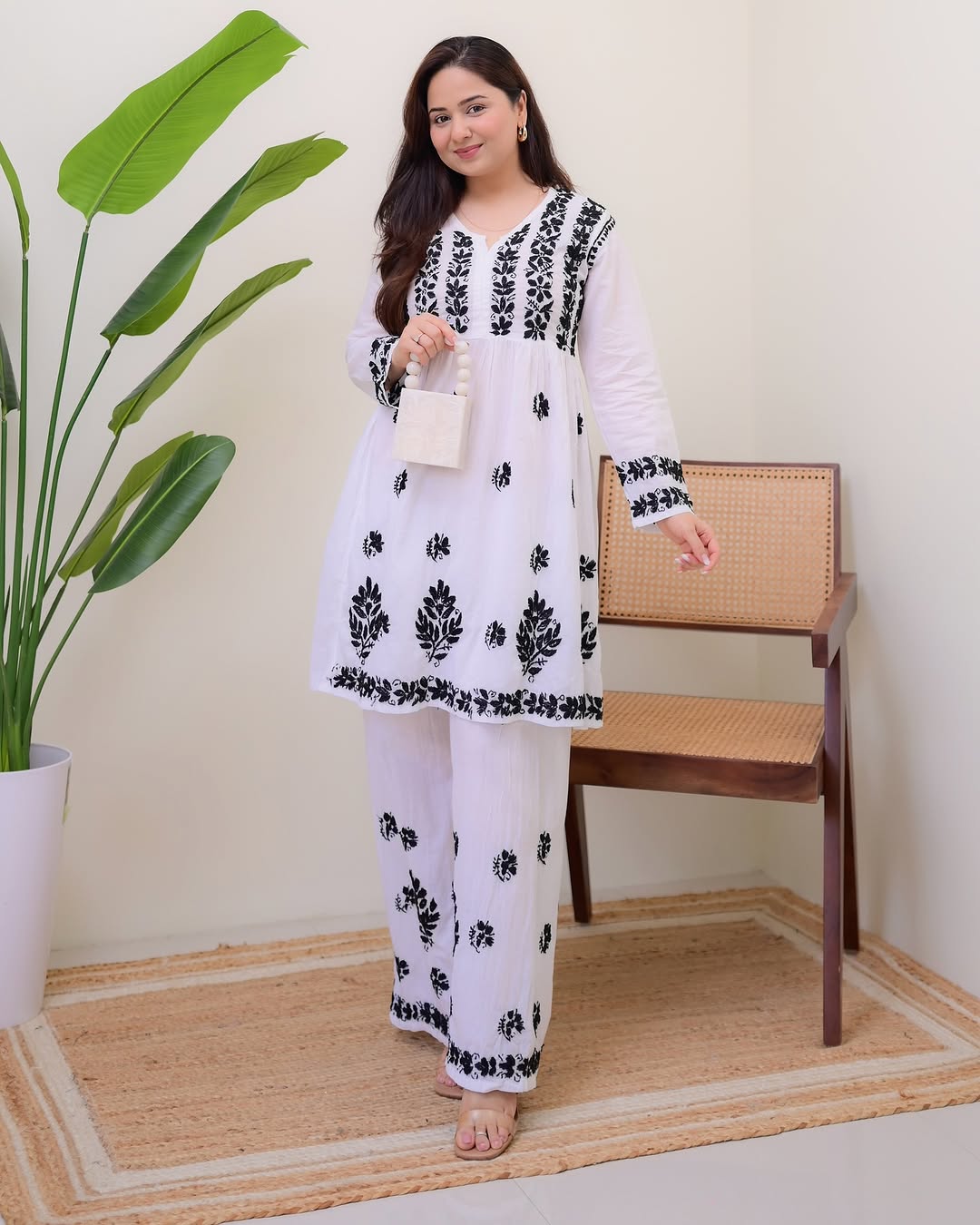 Premium White Cotton Kurti Set with Black Thread Embroidery