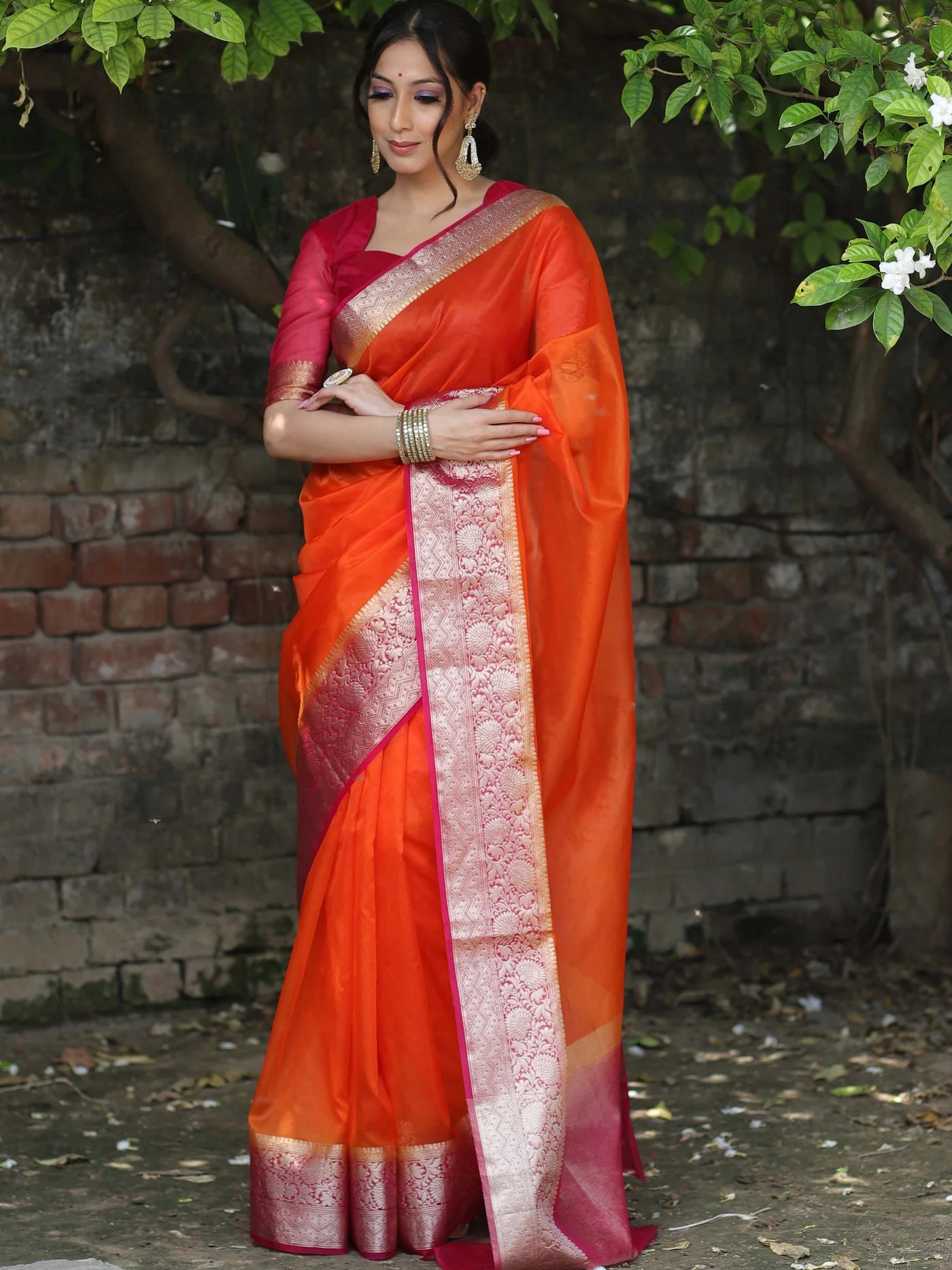 Orange Kanjivaram Organza Silk Saree with Pink Golden Zari Border