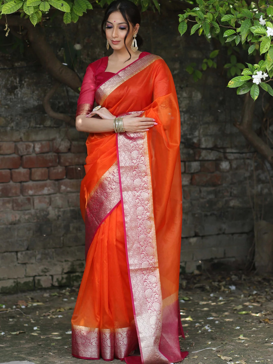 Orange Kanjivaram Organza Silk Saree with Pink Golden Zari Border