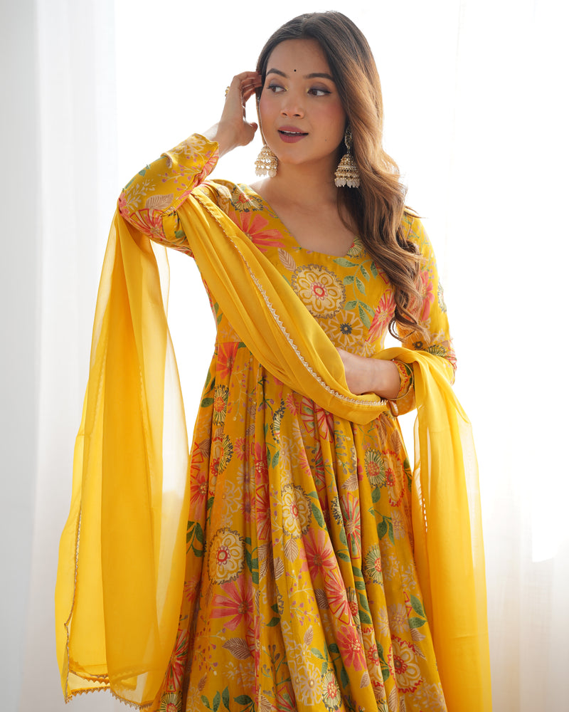 Yellow Color Heavy Pure Roman Silk Kediya Kurta Set with Plazzo And Dupatta Set