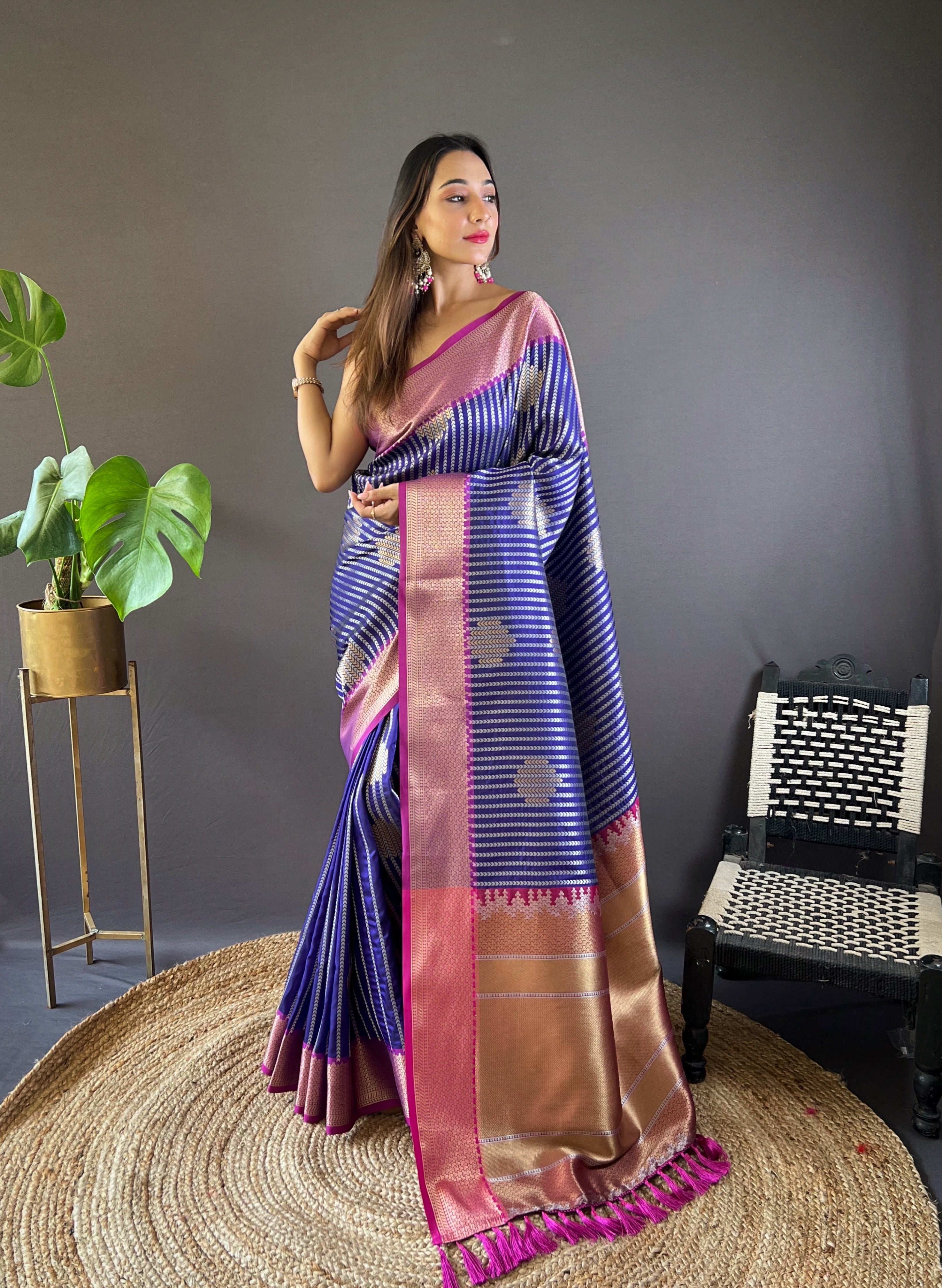Navy Blossom Zari Woven Saree