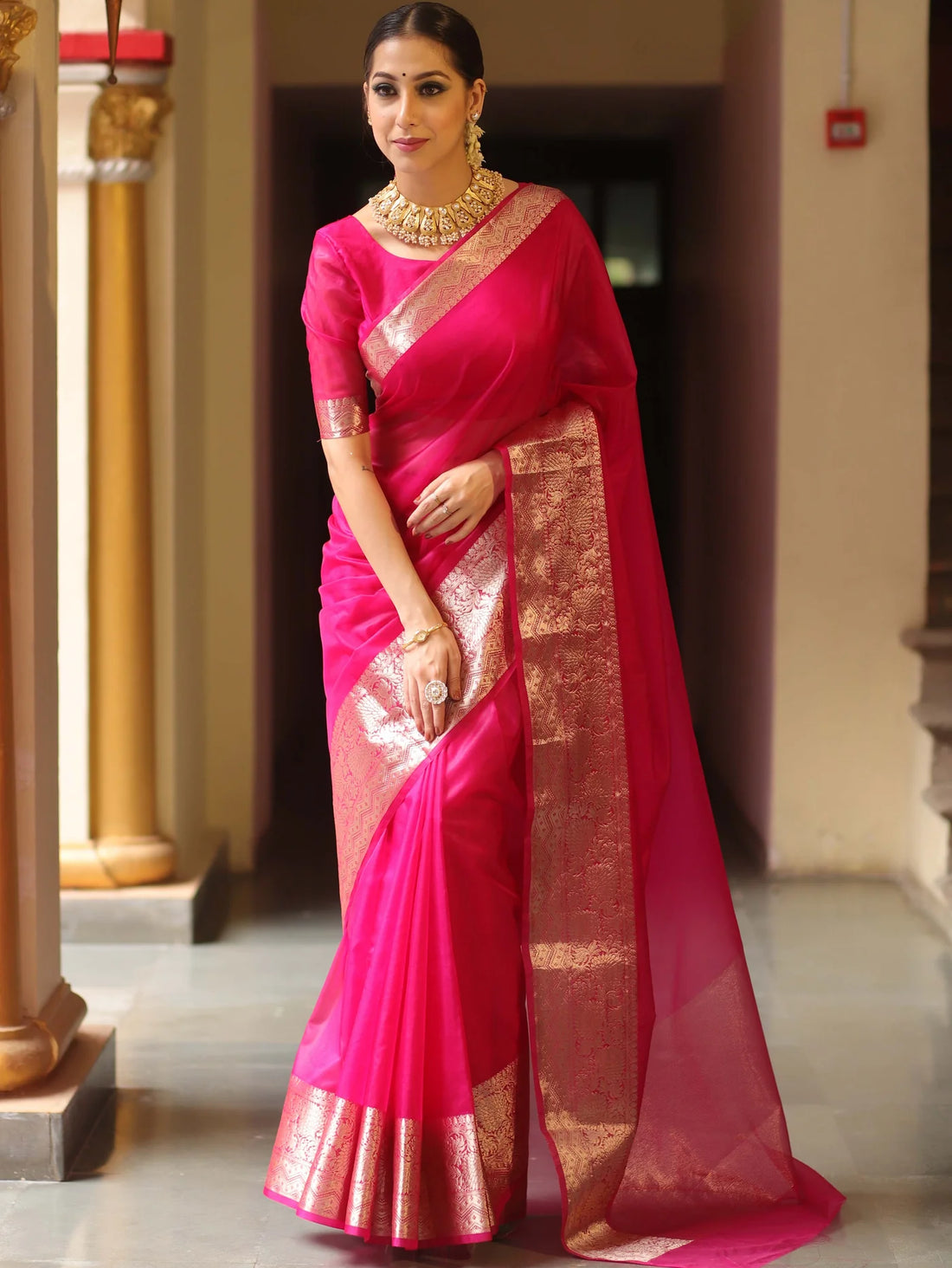 Kanjivaram Organza Silk Saree with Rich Zari Border – Hot Pink Elegance