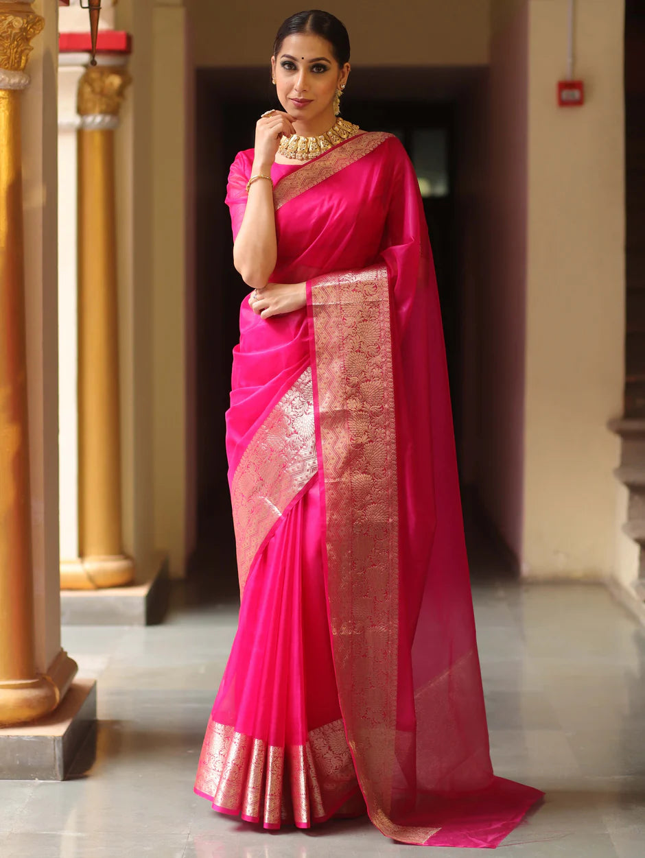Kanjivaram Organza Silk Saree with Rich Zari Border – Hot Pink Elegance