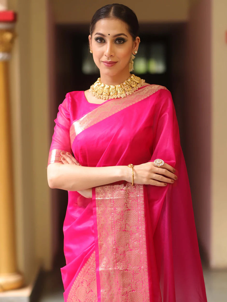 Kanjivaram Organza Silk Saree with Rich Zari Border – Hot Pink Elegance