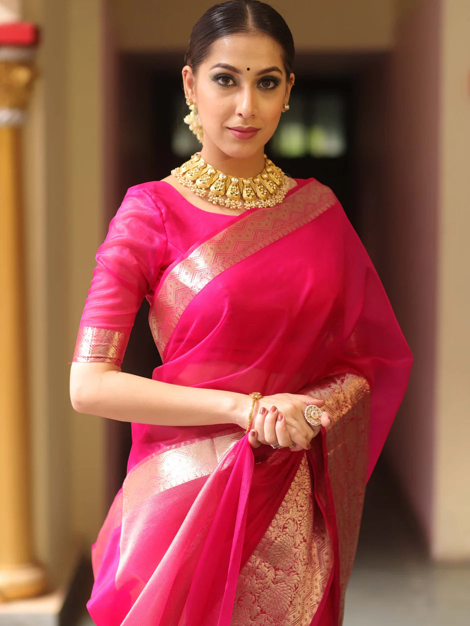 Kanjivaram Organza Silk Saree with Rich Zari Border – Hot Pink Elegance