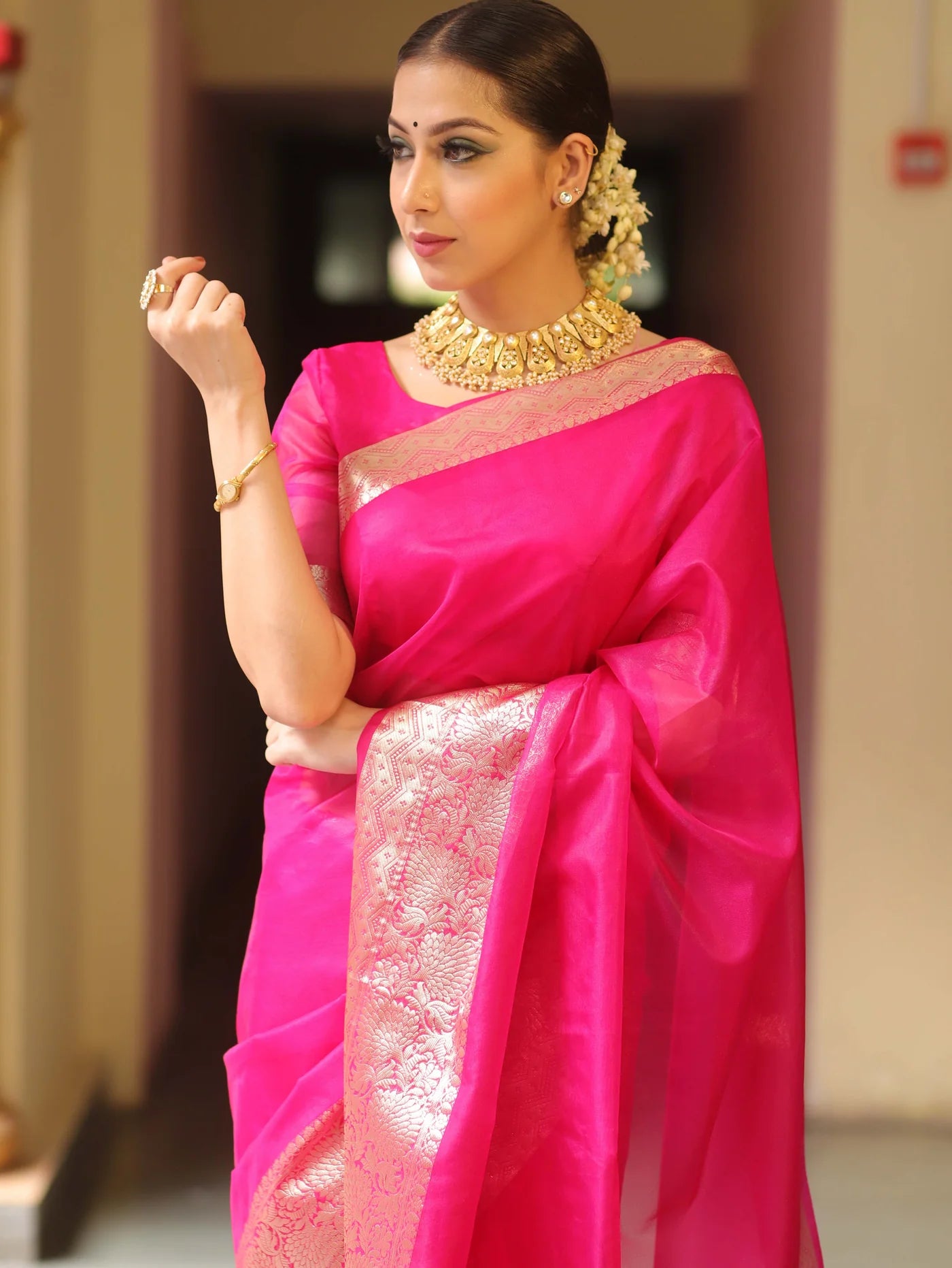 Kanjivaram Organza Silk Saree with Rich Zari Border – Hot Pink Elegance