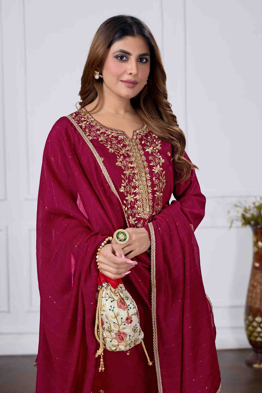 Luxury Maroon Ethnic Wear Kurti Set for Festive & Wedding