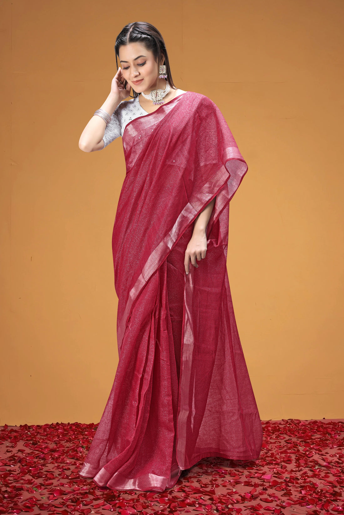 Royal Wine Shimmer Linen Saree