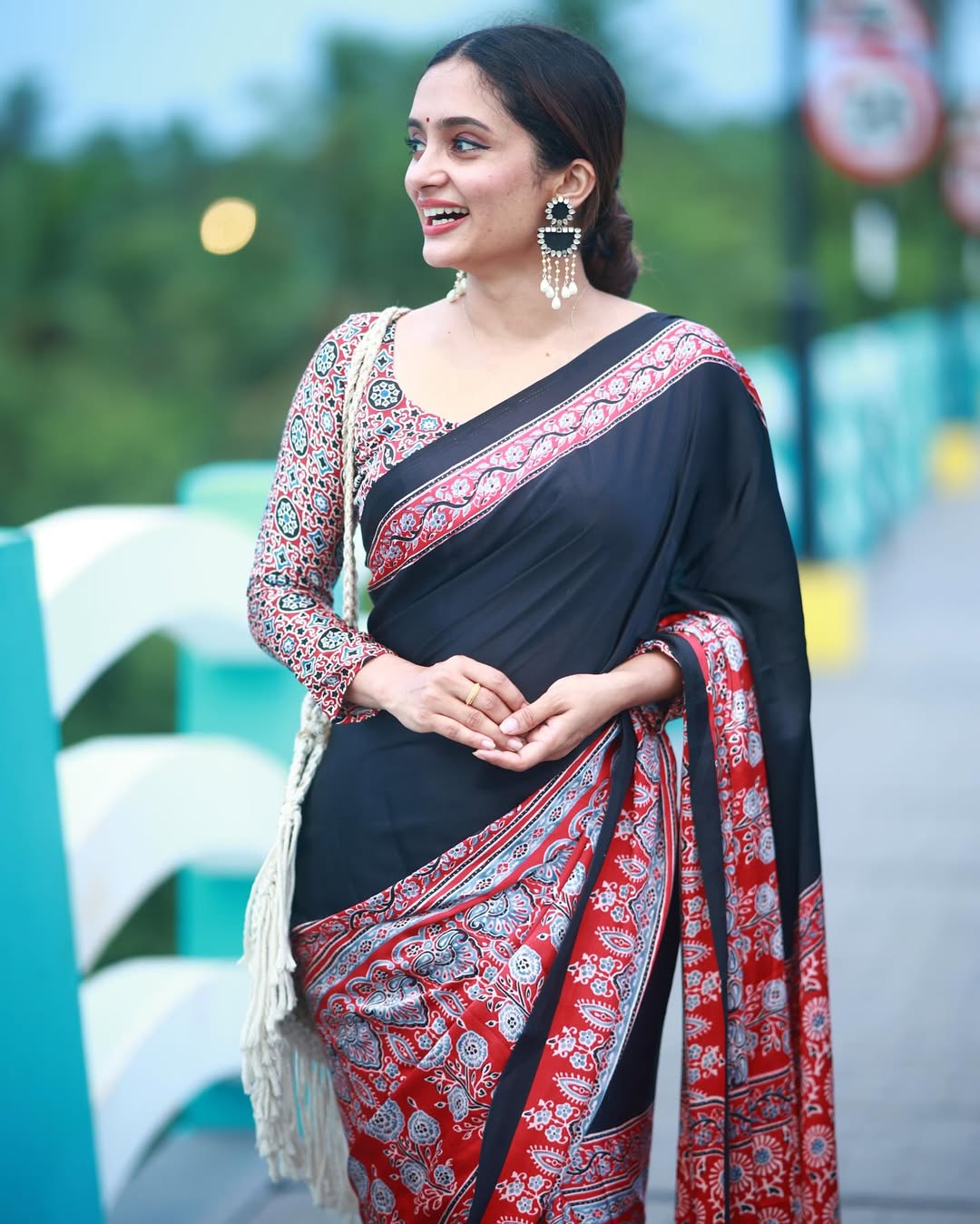 Premium Black Ajrakh Saree with Red Printed Border & Rich Pallu