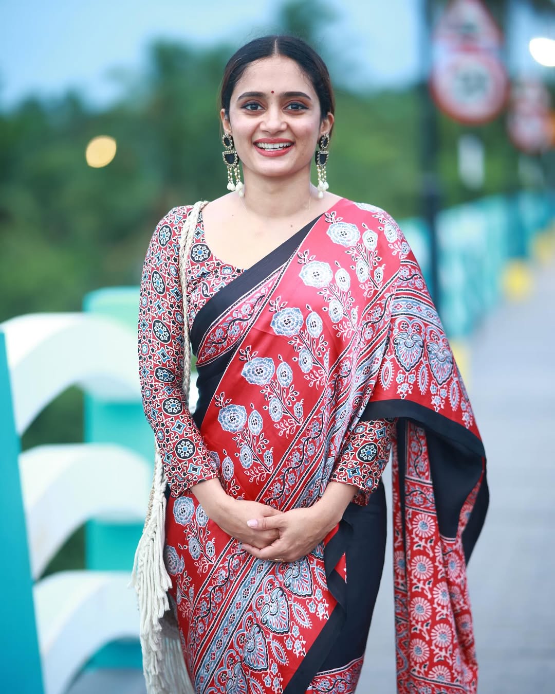 Premium Black Ajrakh Saree with Red Printed Border & Rich Pallu