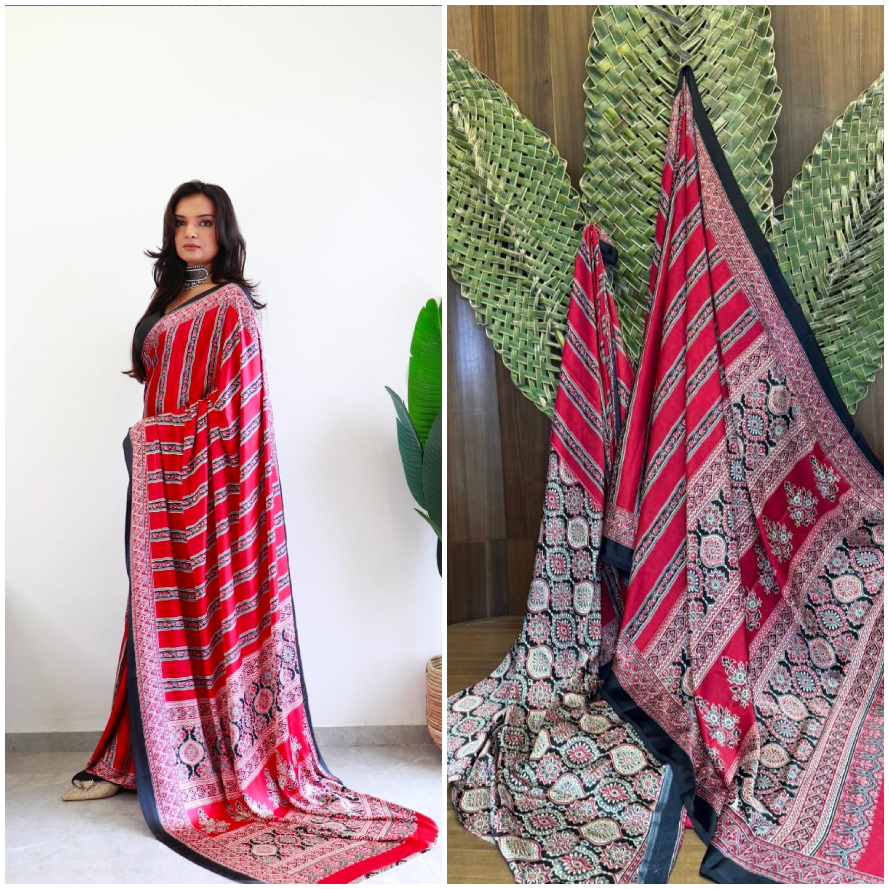 Red Ajrakh Digital Printed Saree – Traditional Ethnic Wear by Vastras