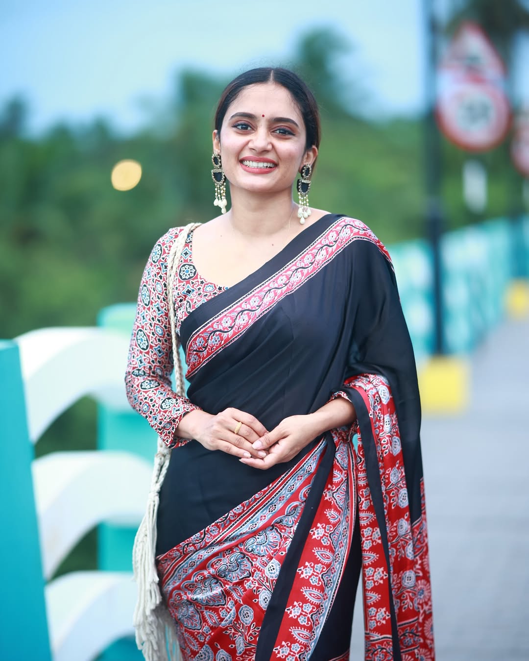 Premium Black Ajrakh Saree with Red Printed Border & Rich Pallu