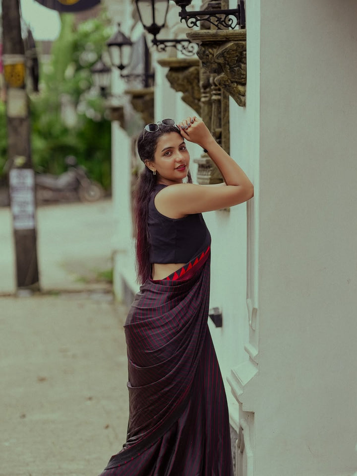 Black Red Striped Saree with Zigzag Border – Elegant Daily Wear