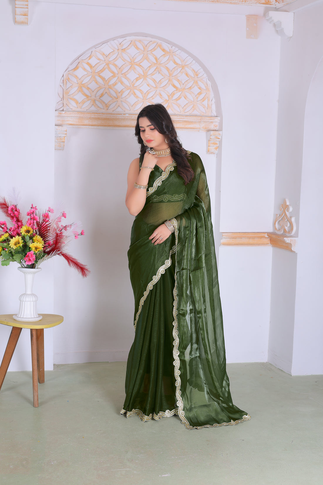 Royal Olive Green Designer Silk Saree with Elegant Golden Lace Border