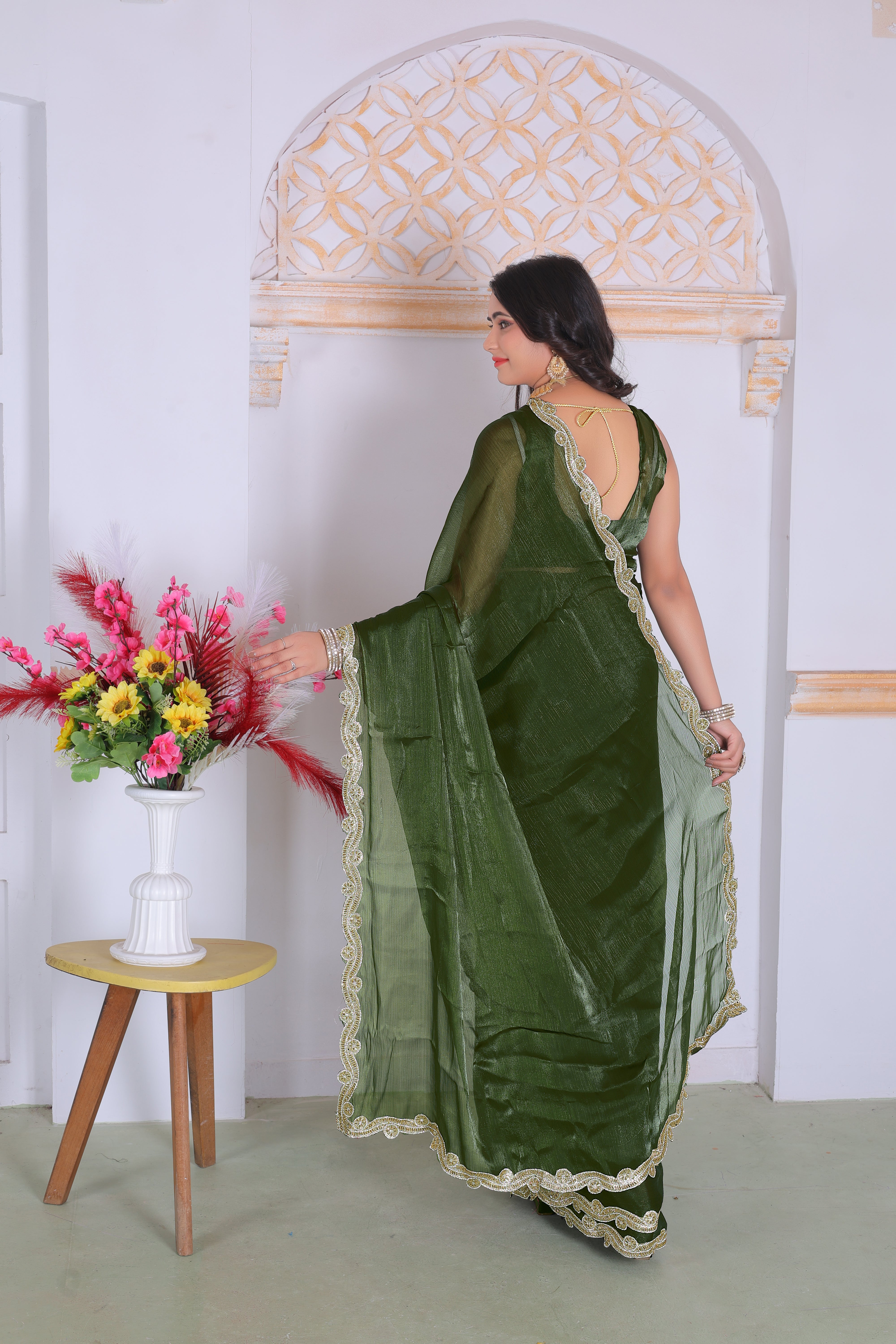 Royal Olive Green Designer Silk Saree with Elegant Golden Lace Border