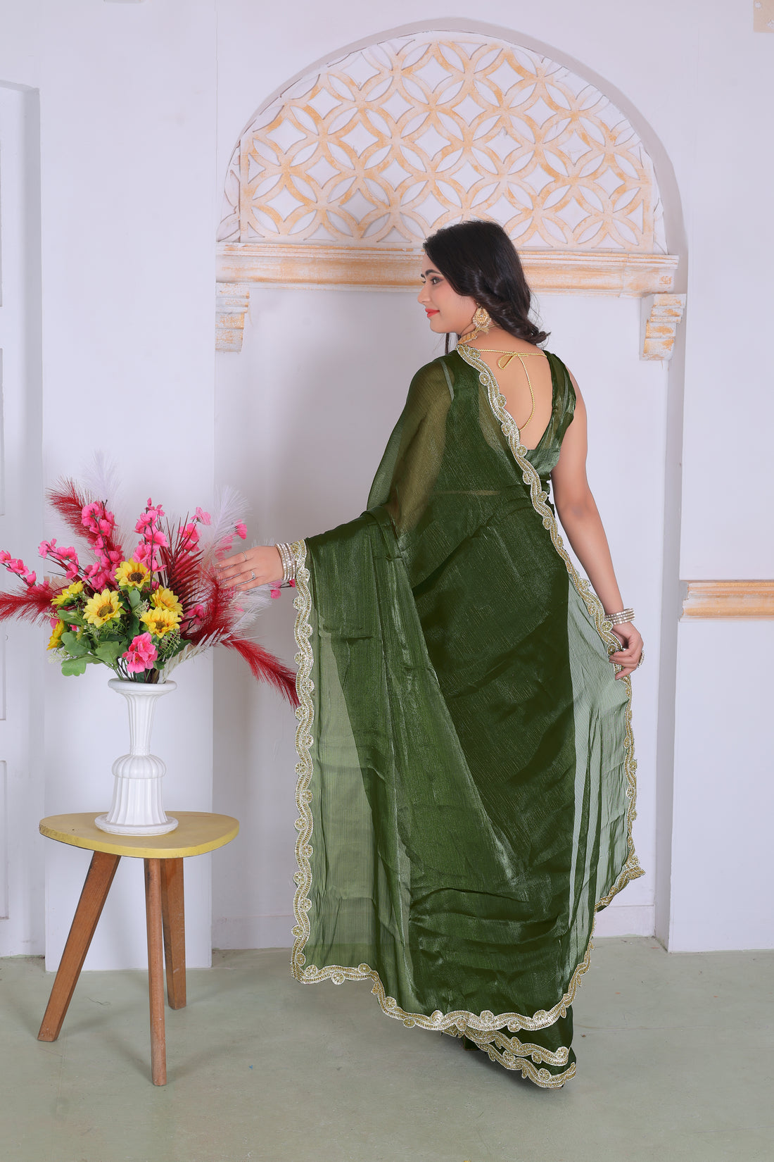 Royal Olive Green Designer Silk Saree with Elegant Golden Lace Border