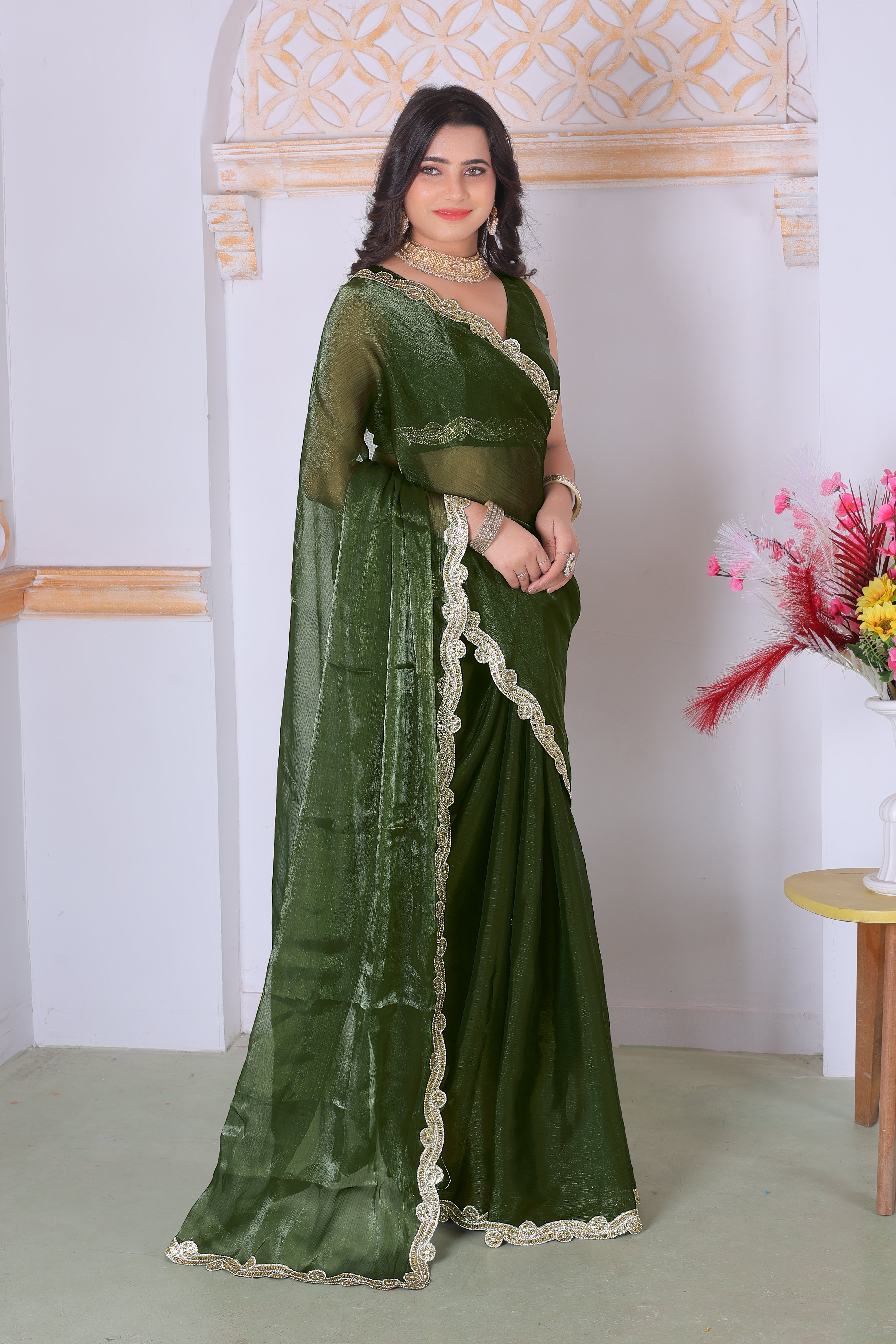 Royal Olive Green Designer Silk Saree with Elegant Golden Lace Border