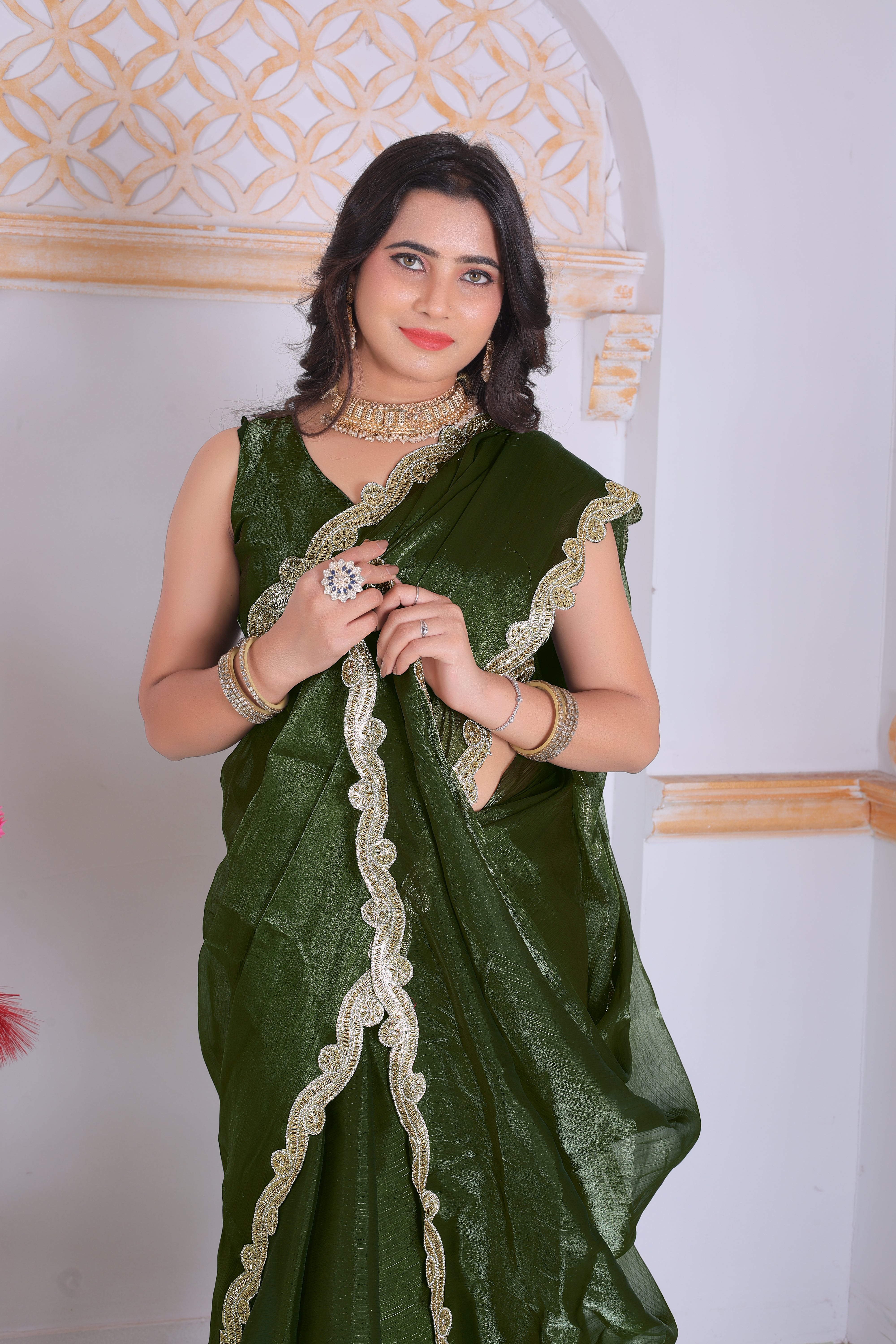 Royal Olive Green Designer Silk Saree with Elegant Golden Lace Border