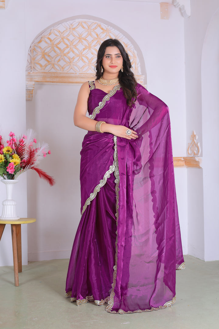 Royal Purple Designer Silk Saree with Elegant Golden Lace Border