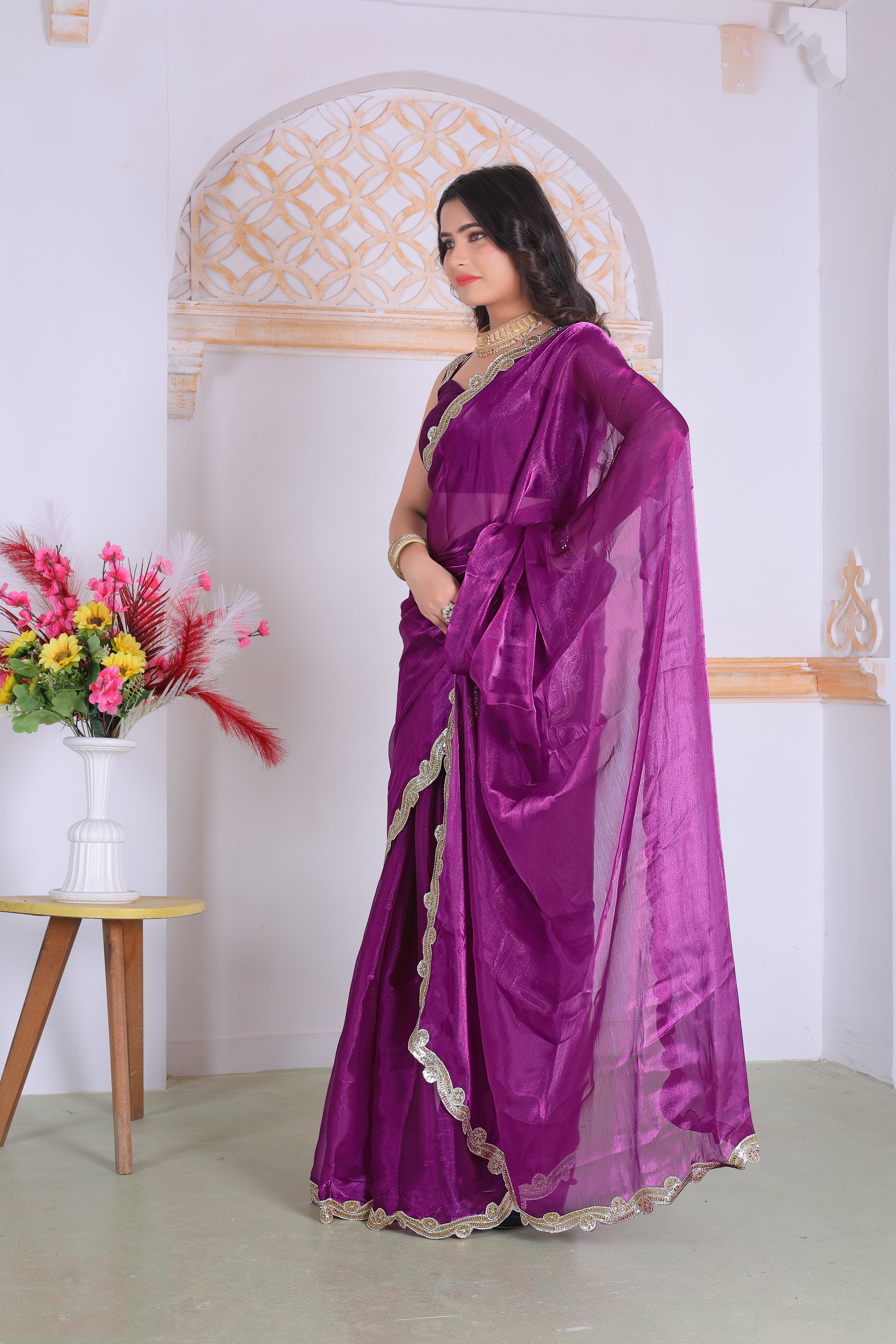 Royal Purple Designer Silk Saree with Elegant Golden Lace Border