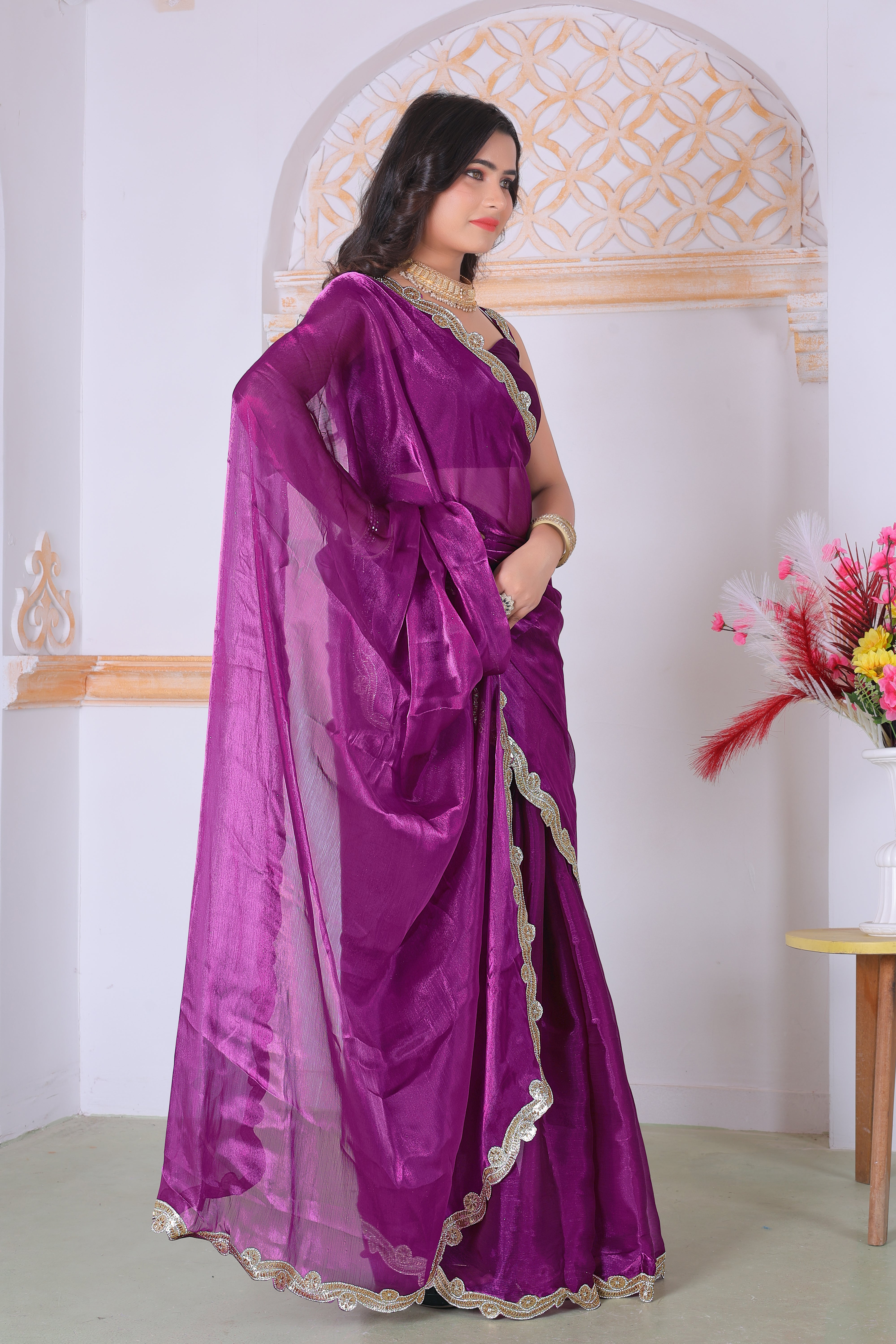Royal Purple Designer Silk Saree with Elegant Golden Lace Border