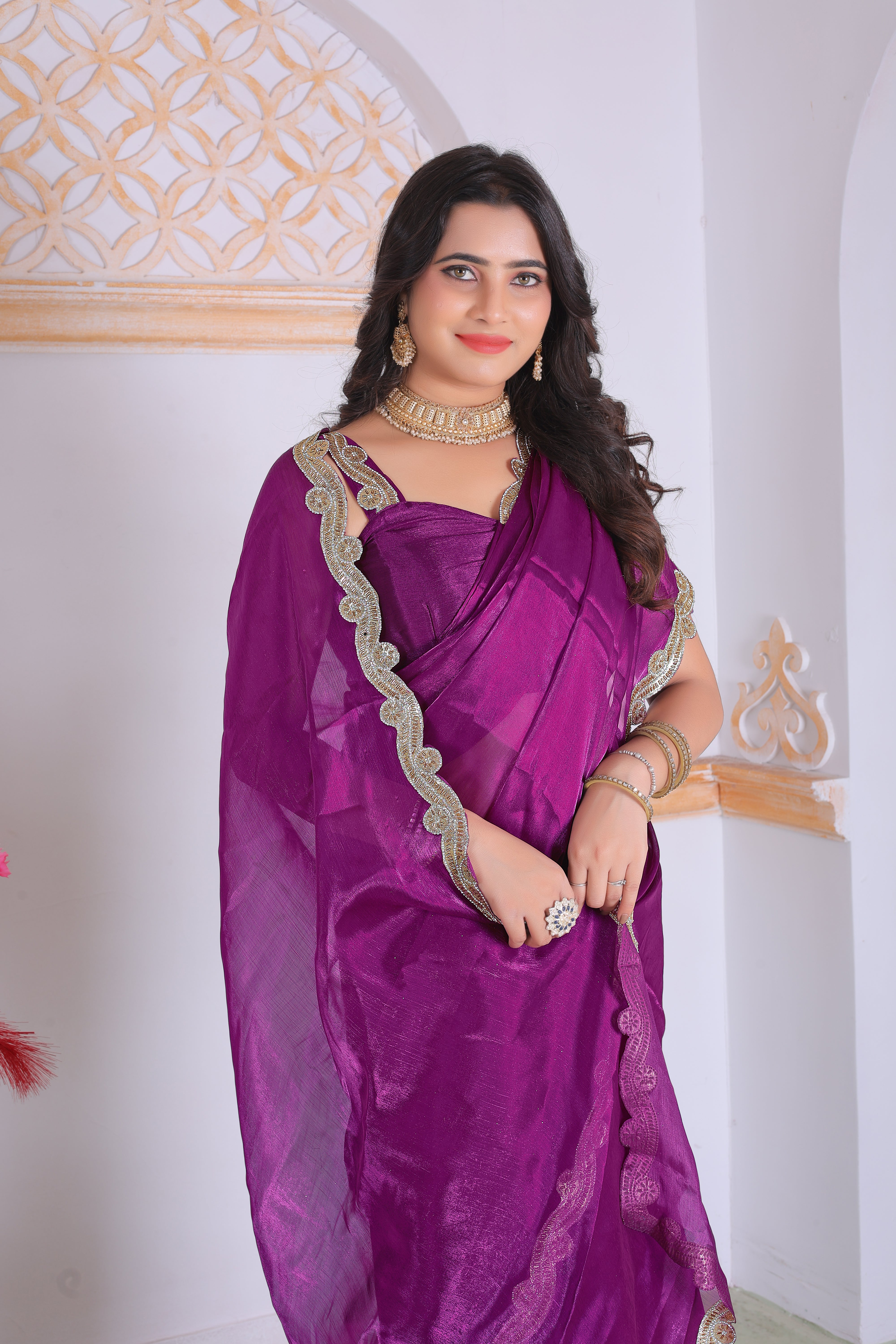 Royal Purple Designer Silk Saree with Elegant Golden Lace Border
