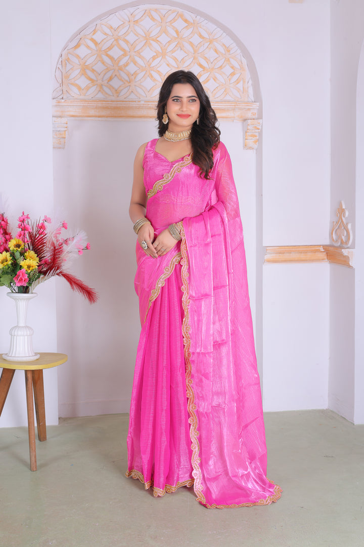 Elegant Rani Pink Designer Silk Saree with Rich Golden Lace Border