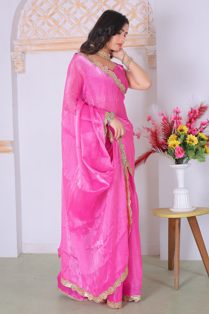 Elegant Rani Pink Designer Silk Saree with Rich Golden Lace Border