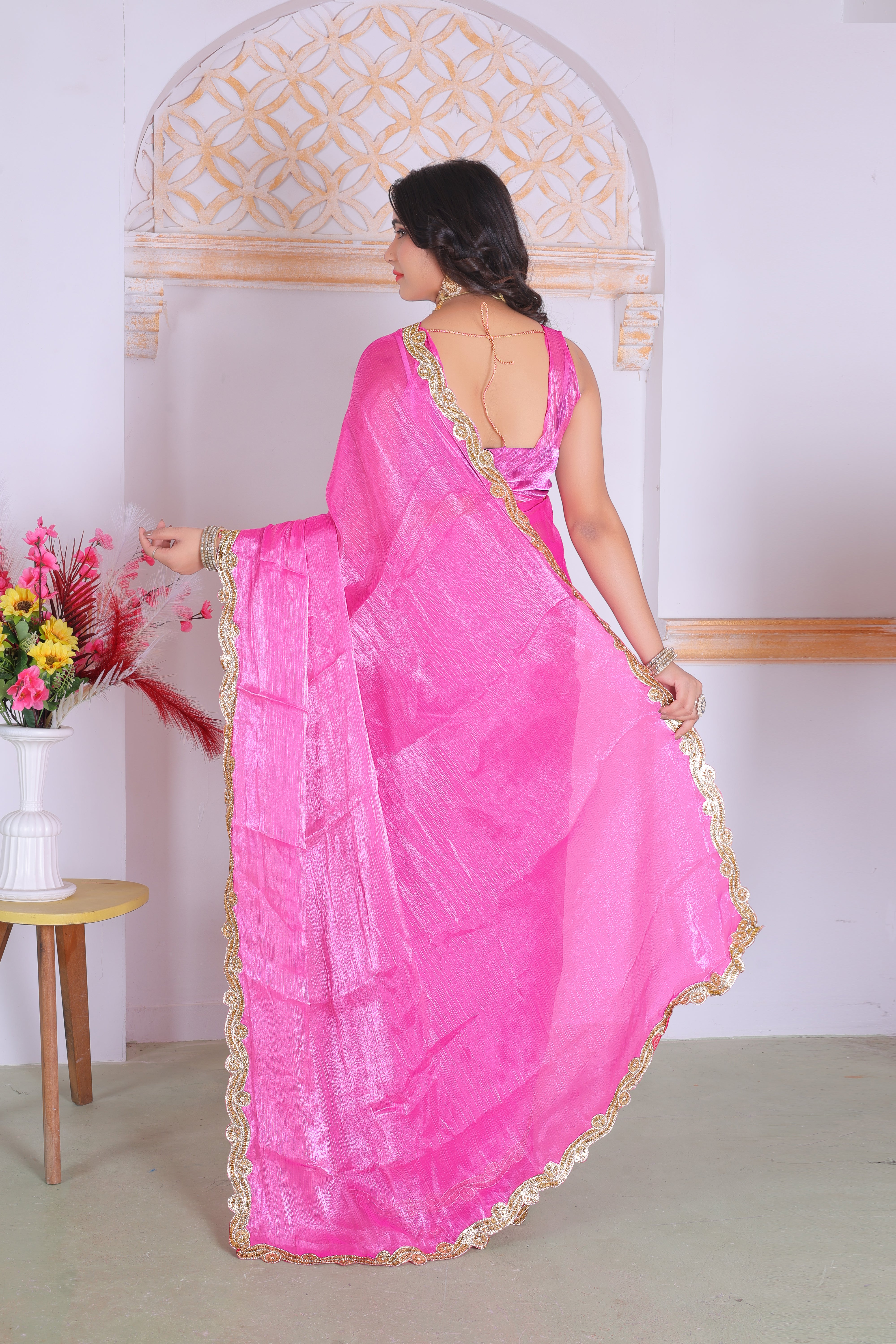Elegant Rani Pink Designer Silk Saree with Rich Golden Lace Border