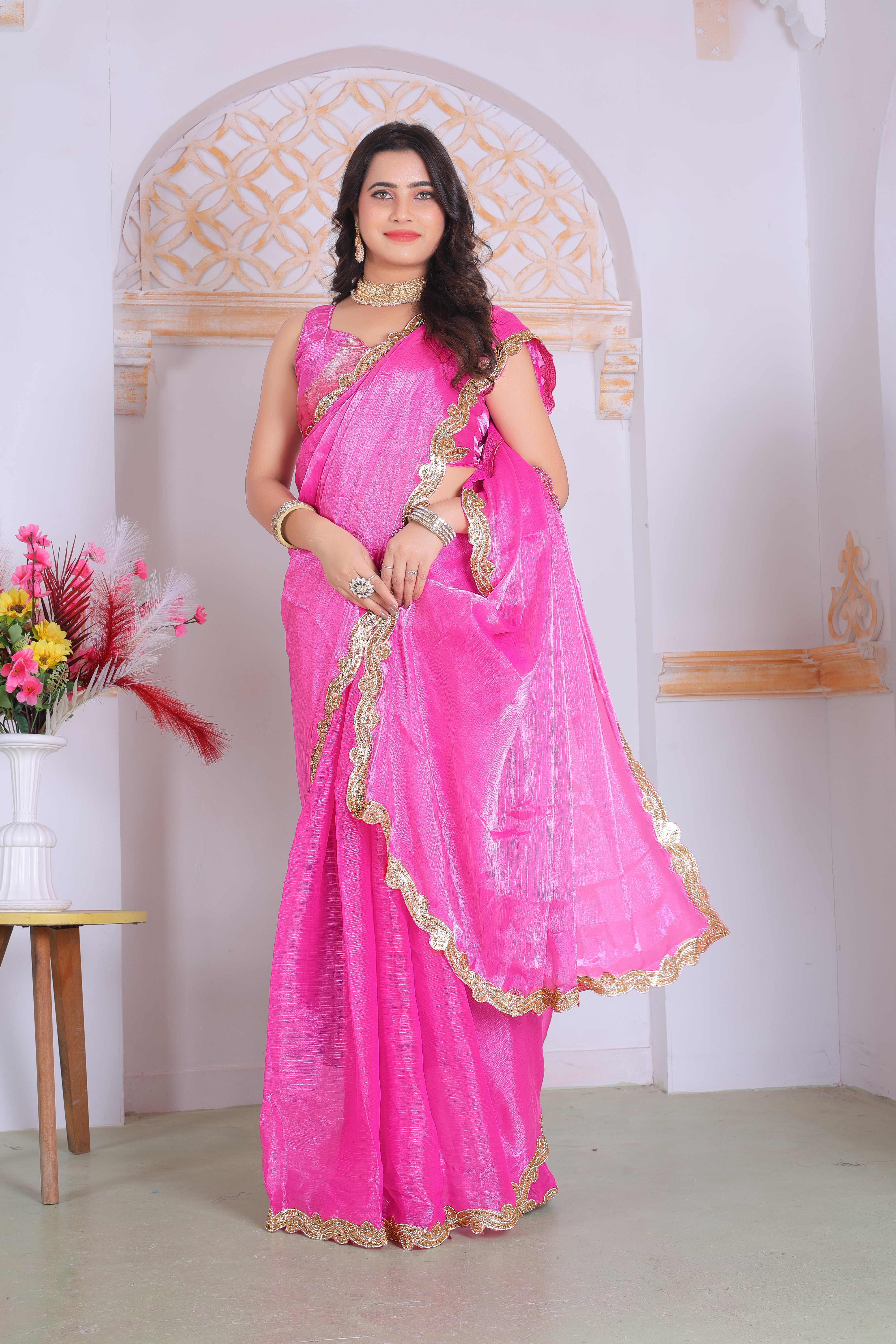 Elegant Rani Pink Designer Silk Saree with Rich Golden Lace Border